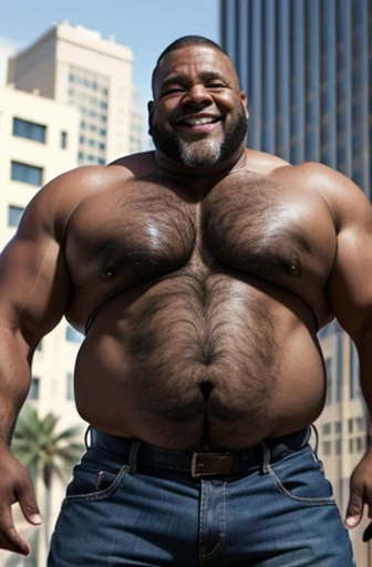 Two men kissing on the mouth construction workers African American shirtless obese full length bodybuilders with a very oiled body a sweaty smiling old man with a shaved head and big gray mustaches extremely muscular and extremely fat over 70 years old weighing more than 600 pounds very muscular very hairy big pecs with dark nipples gynecomastia in front of a building under construction wearing jean shorts
