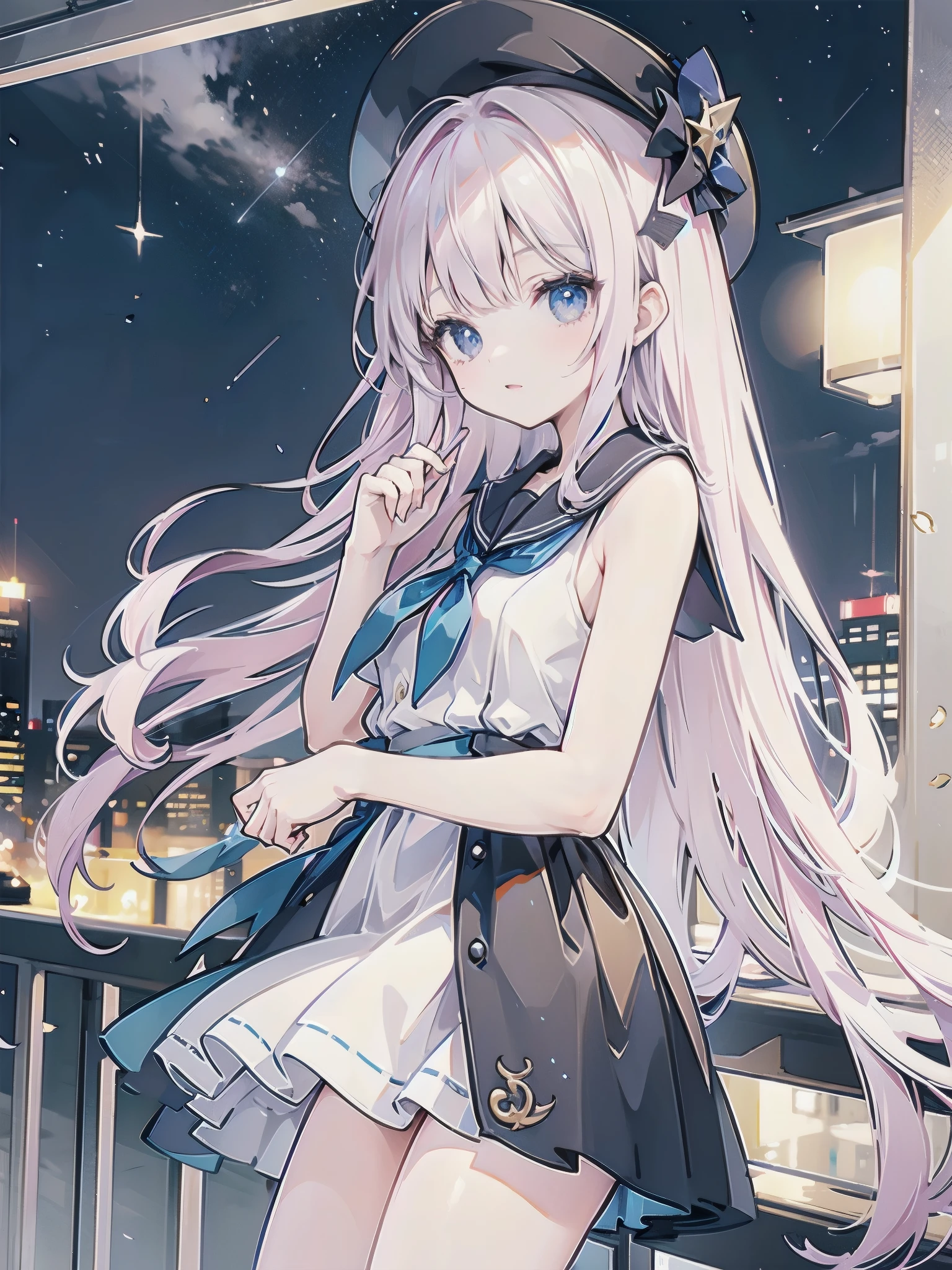 A girl stands on the rooftop of a high-rise building overlooking Tokyo late at night、High school student wearing sailor suit、She wears a large witch's hat with a small sapphire accessory、A few star creams、Beautiful starry sky、Beautiful night view