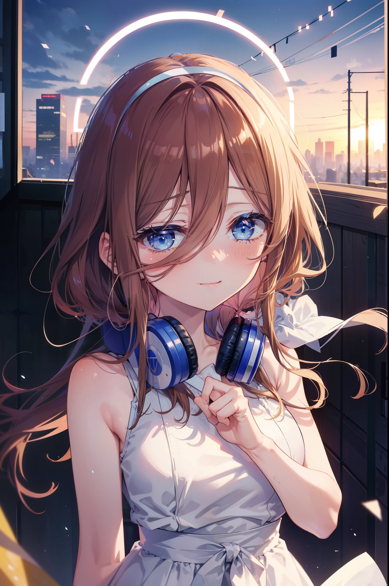 Miku Nakano, Miku Nakano, Long Hair, bangs, blue eyes, Brown Hair, Blue Hairband ,Hair between the eyes, Headphones around the neck,smile,blush,White Sleeveless Dress,Exposing shoulders,Bare arms,Long skirt,Cute Sandals,Daytime,sunny,happy smile, smile, Open your mouth,whole bodyがイラストに入るように,上から下へ覗いてる
break outdoors, city,construction area,
break looking at viewer,whole body,
break (masterpiece:1.2), highest quality, High resolution, unity 8k wallpaper, (shape:0.8), (Beautiful details:1.6), Highly detailed face, Perfect lighting, Extremely detailed CG, (Perfect hands, Perfect Anatomy),