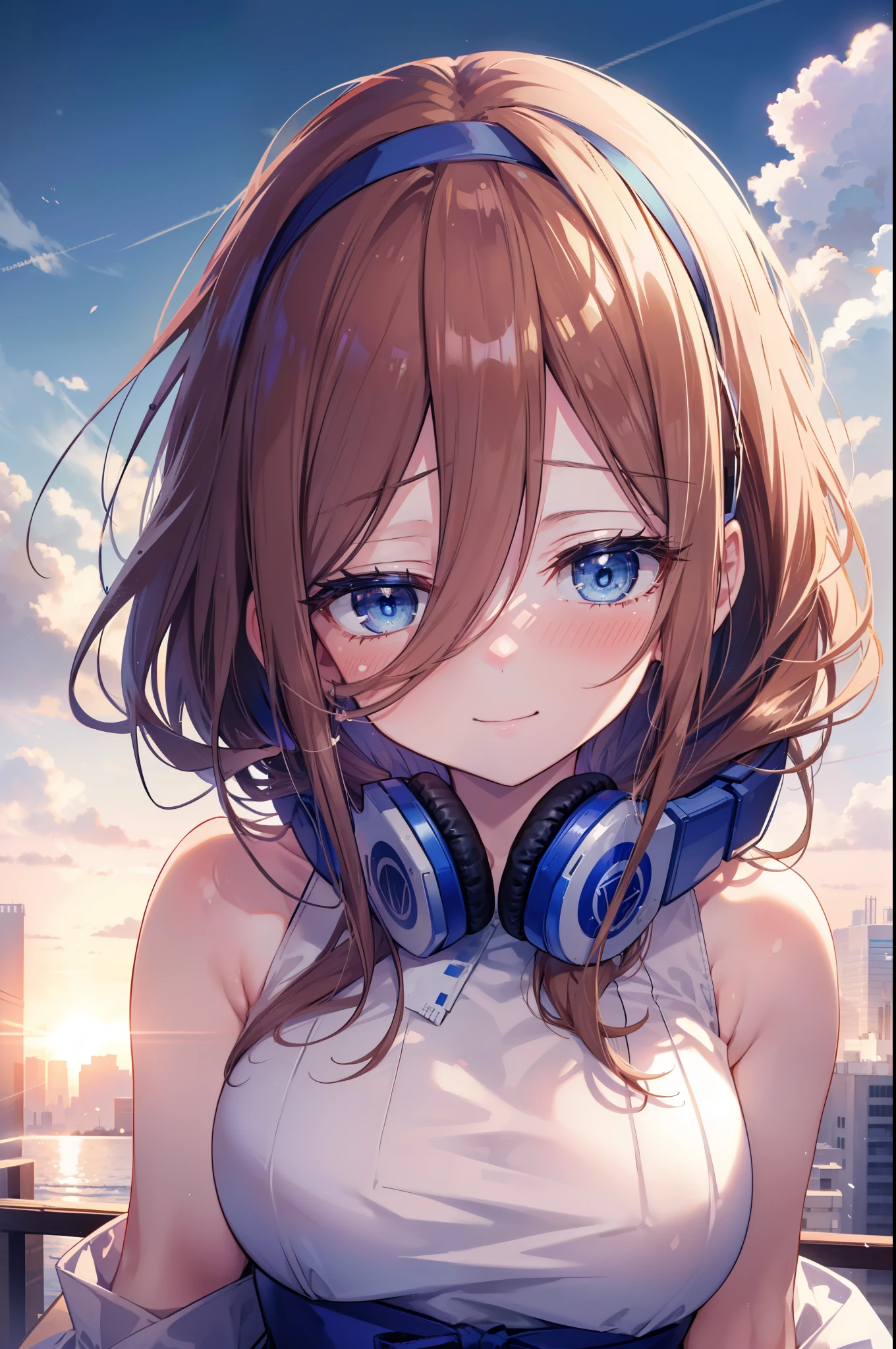 Miku Nakano, Miku Nakano, Long Hair, bangs, blue eyes, Brown Hair, Blue Hairband ,Hair between the eyes, Headphones around the neck,smile,blush,White Sleeveless Dress,Exposing shoulders,Bare arms,Long skirt,Cute Sandals,Daytime,sunny,happy smile, smile, Open your mouth,whole bodyがイラストに入るように,上から下へ覗いてる
break outdoors, city,construction area,
break looking at viewer,whole body,
break (masterpiece:1.2), highest quality, High resolution, unity 8k wallpaper, (shape:0.8), (Beautiful details:1.6), Highly detailed face, Perfect lighting, Extremely detailed CG, (Perfect hands, Perfect Anatomy),