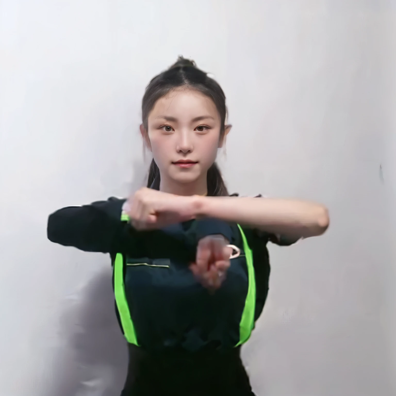 there is a woman that is standing up with a bat, in the style of sifu 🔥 😎 🕹️ 👀 :2, waist reaching ponytail, dynamic moving pose, chinese ribbon dance, wenfei ye, shooting pose, 2 arms and 2 legs, gongbi, arms extended, perfect dynamic posture, t pose, xision wu, fighting stance, fighting posture