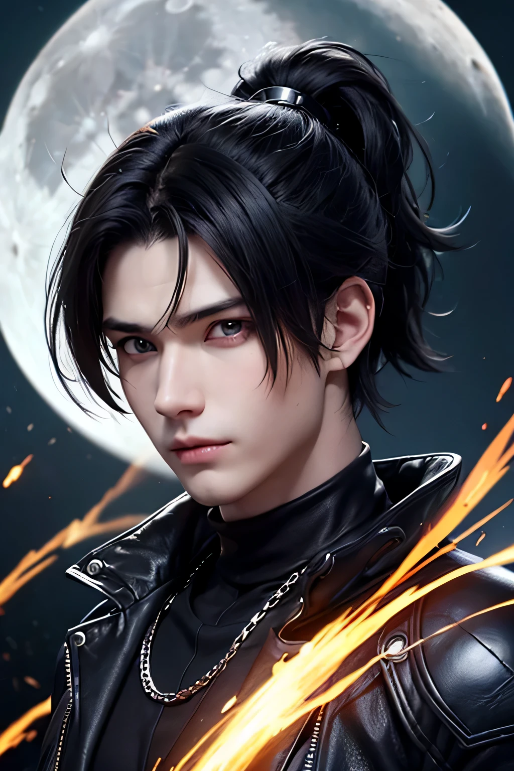 (((ung man 21 years old))), anime character with short hair, small ponytail at neck, black hair, deserted background, ((large moon)), handsome man in demon slayer art, epic fantasy art style, badass anime 8k, epic fantasy digital art style, detailed digital anime art, human male demon, portrait of hades, epic fantasy art style hd, fierce expression 4k, perfect eyes, perfect skin, demon male, extremely detailed artgerm, wearing black leather jacket, black turtleneck shirt, black leather long pants, metal chain at waist, electrical sparks
