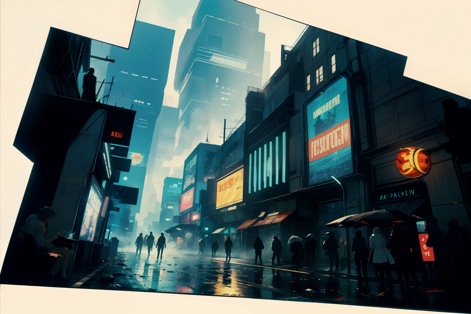 ((highest quality)), ((masterpiece)), (be familiar with), (High definition), (Accurate), (Realistic), (Cinematic), (Best Shadow), (Low contrast), (8K), Perfect Face, ((SYD MEAD style)), manga、mangaデザイン、Storyboard、Panel layout、(Sleeping Woman), (Replicant), (Replicant), ((Black Hair, very short hair, Blue Eyes)), (Black hooded raincoat), (Crouched in a corner of the ruins)、Glittering neon signs、congestion, congestion, Decadent Future City, NEO TOKYO, A.D.2051, (steam:1.2), It's raining white, evening,