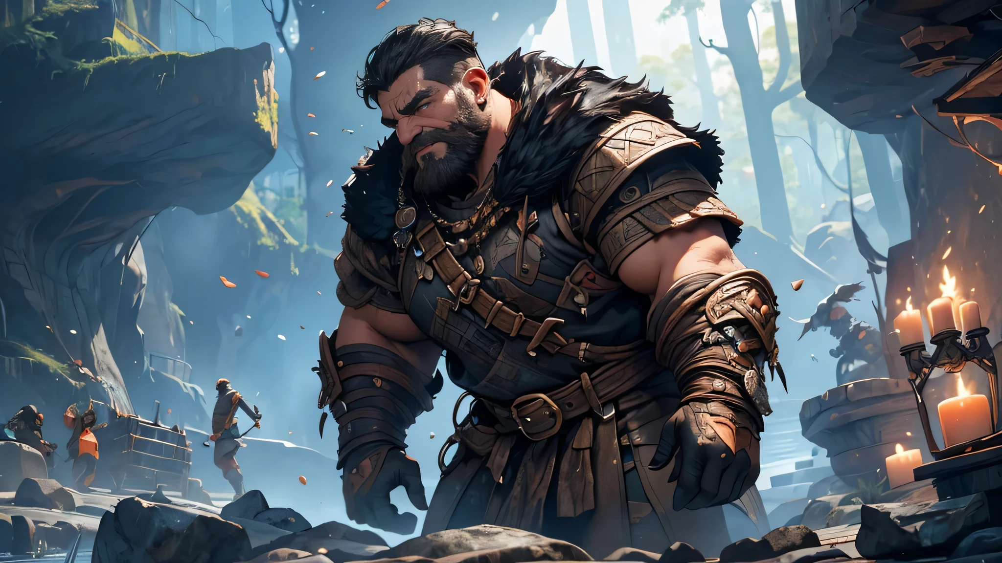 (a panicked face,short black hair,sturdy body,dwarf,fantasy theme),(best quality,4k,highres,ultra-detailed,realistic),dark cave,falling rocks,miner's tools,