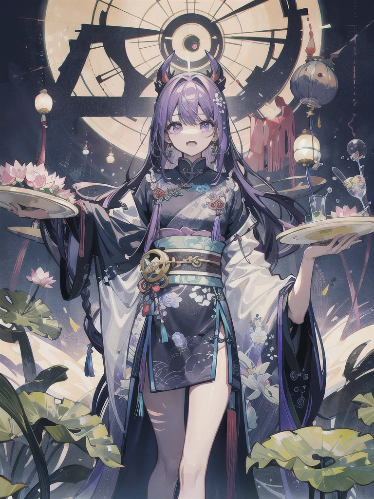 1boy, (dark blue hair:1.2), long hair, straight hair, hair between eyes, light frown, (purple lips:1.2), hair ornament, barefoot, japanese clothes, long sleeves, flower, hydrangea, oil paper umbrella, sayagata, male focus, off shoulder, kimono, blindfold, (black blindfold:1.3), chibi,  <lora:last:1>