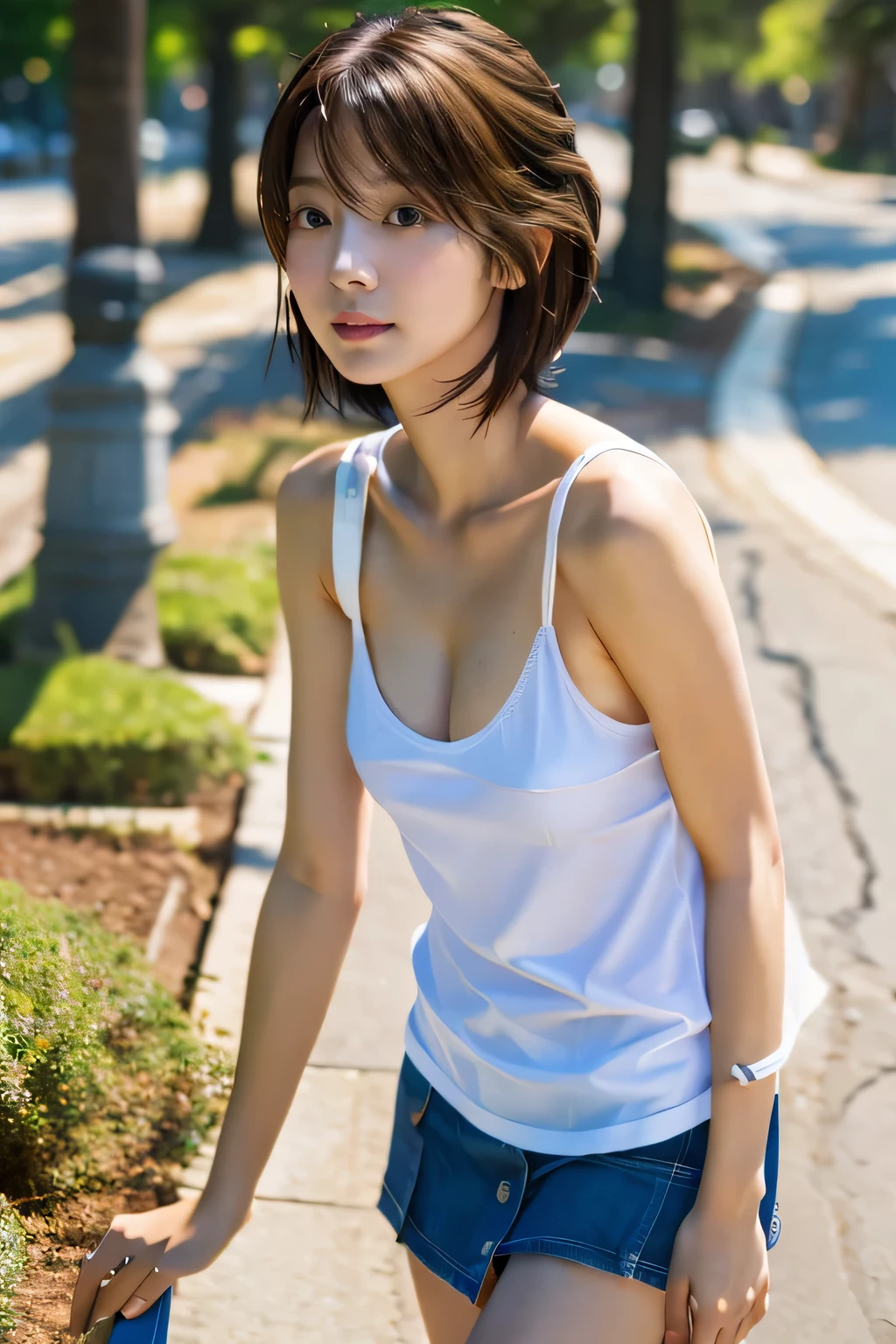 highest quality, Photorealistic, Very detailed, finely, High resolution, 8K Wallpaper, Professional, High level of detail, ((One 18 year old girl:1.2)), Slender Japanese women,cute lips, (Long eyelashes:1.2)、Detailed clavicle, Perfect Face, (Cute short bob hair:1.5),Top Quality,Ultra-clear resolution,Clear Eyes,Sunburned skin,Perfect breasts,have perfect legs,Focus on the legs,Various styles of skirts,Random Environment