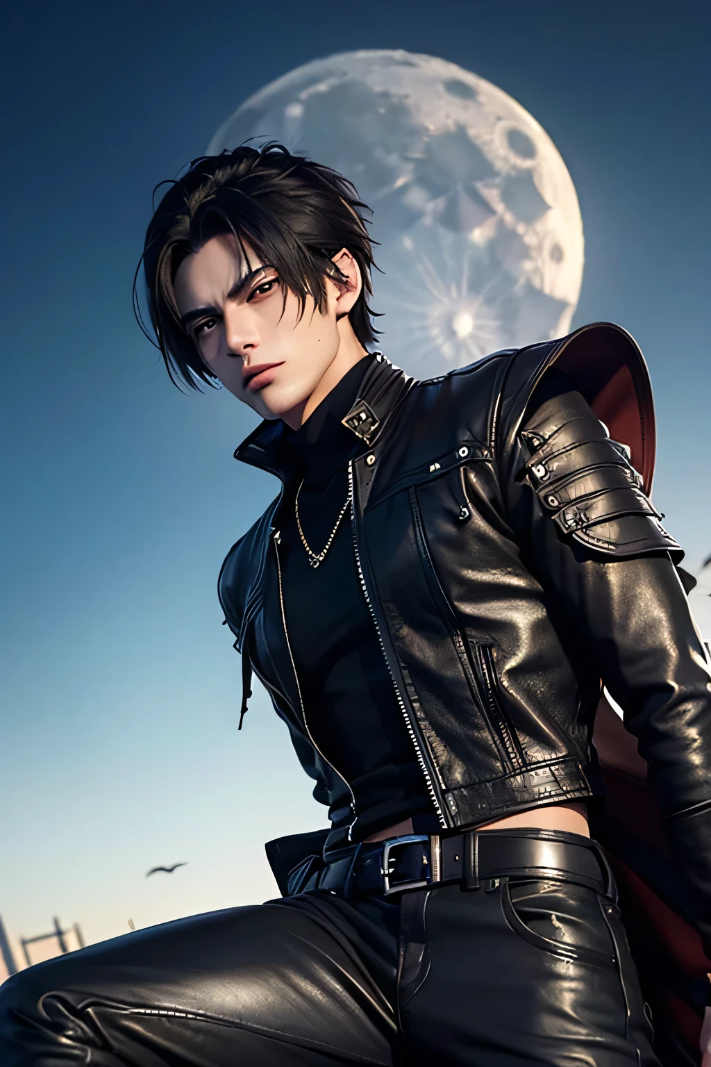 (((ung man 21 years old))), anime character with short hair, small ponytail at neck, black hair, deserted background, ((large moon)), handsome man in demon slayer art, epic fantasy art style, badass anime 8k, epic fantasy digital art style, detailed digital anime art, human male demon, portrait of hades, epic fantasy art style hd, fierce expression 4k, perfect eyes, perfect skin, demon male, extremely detailed artgerm, wearing black leather jacket, black turtleneck shirt, black leather long pants, metal chain at waist, electrical sparks