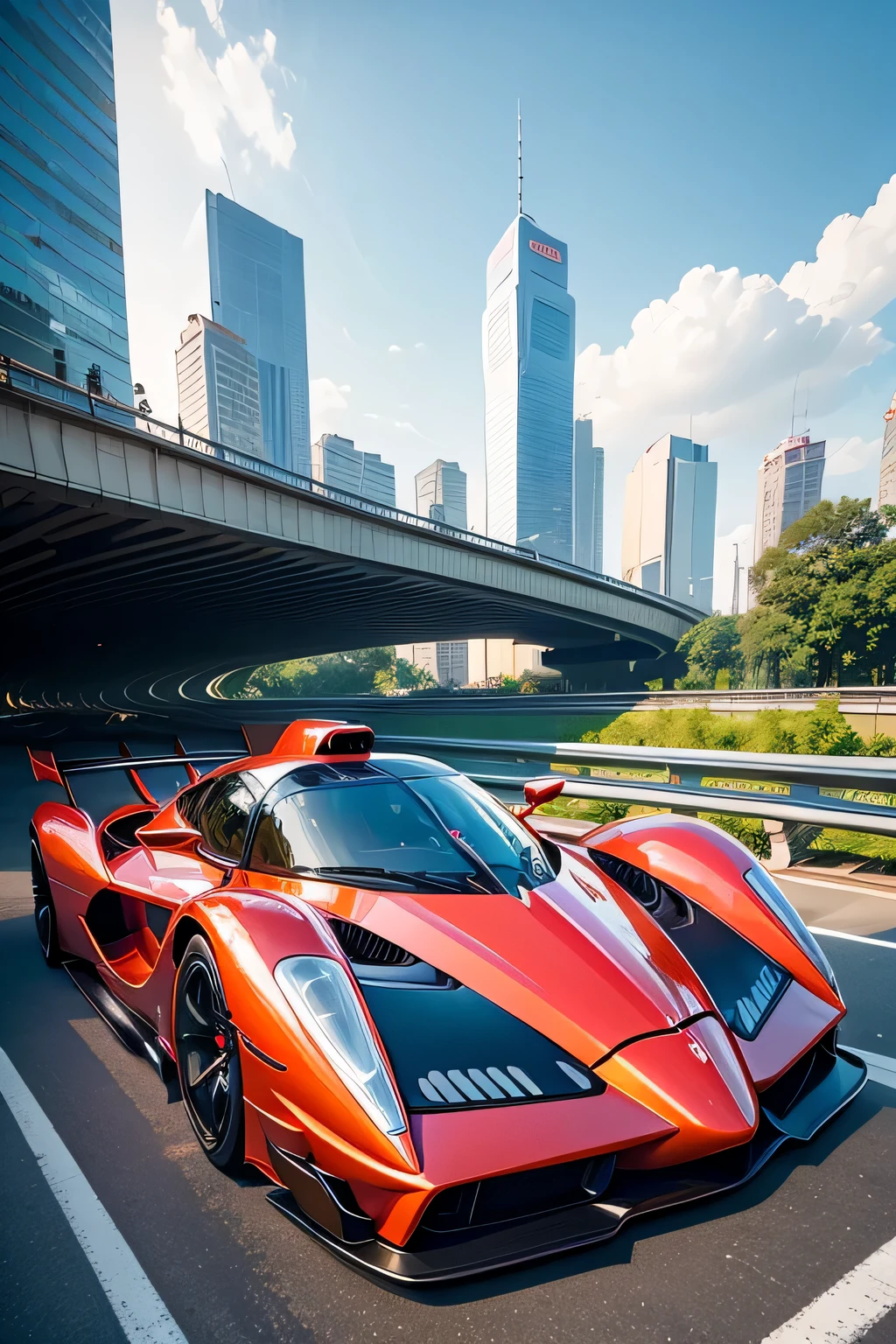 Super bright and modern metallic-vermillion racing car is running on the expressway,
City of high transportation technology complex, skyscrapers , and towers,
Good green environmental atmosphere,
Morning sunlight with blue sky and white cloud