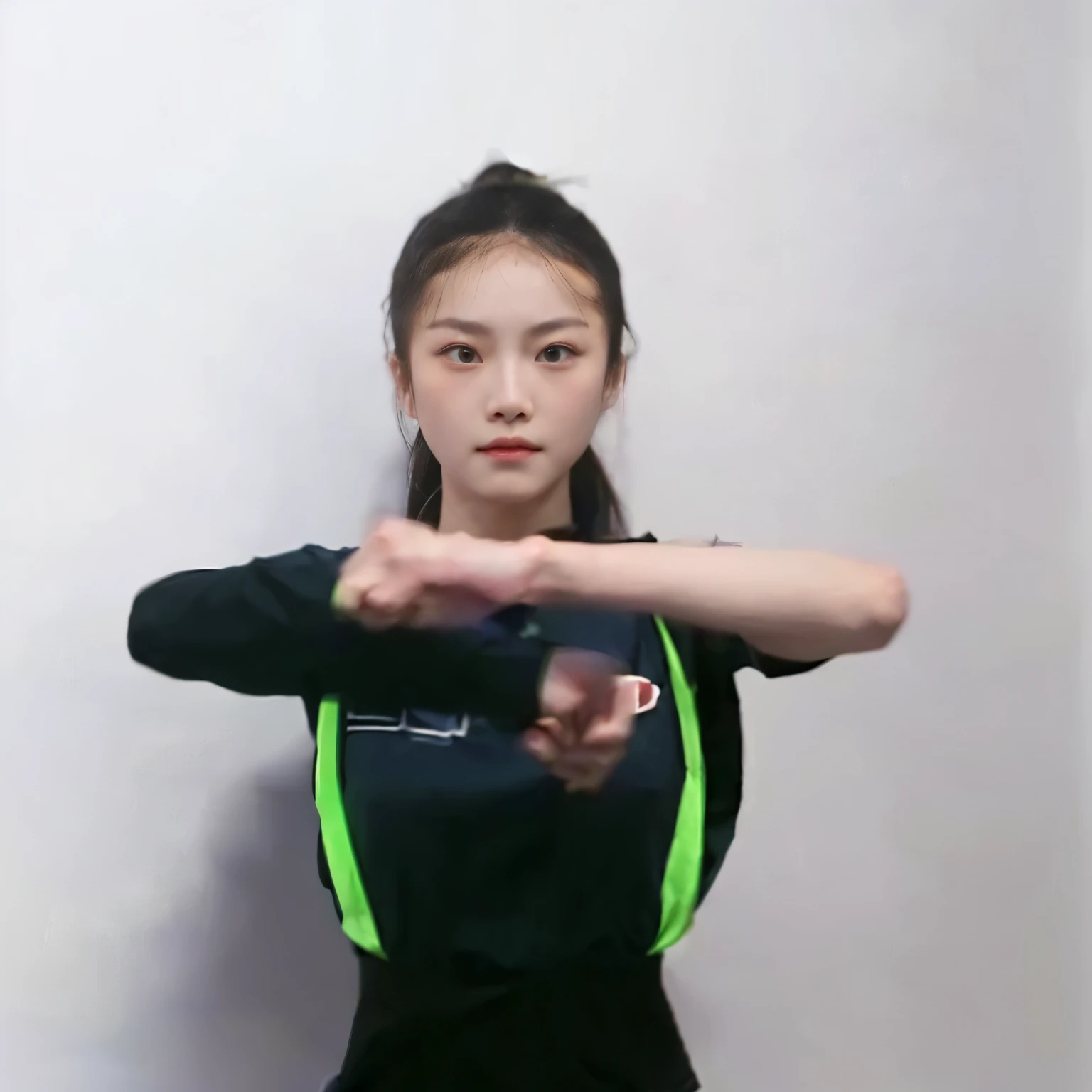 there is a woman that is standing up with a bat, in the style of sifu 🔥 😎 🕹️ 👀 :2, waist reaching ponytail, dynamic moving pose, chinese ribbon dance, wenfei ye, shooting pose, 2 arms and 2 legs, gongbi, arms extended, perfect dynamic posture, t pose, xision wu, fighting stance, fighting posture