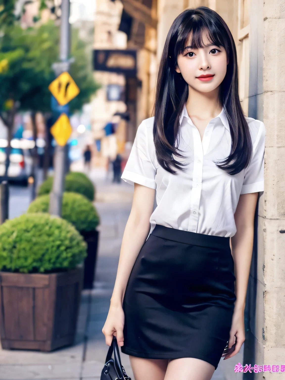 (8k), (highest quality: 1.2), (Realistic), (Realistic: 1.37), Ultra-high resolution, 1 girl, cute, High 、Long black hair、Beautiful Face、Beautiful mini skirt、whole body、Beautiful legs、Are standing、15age