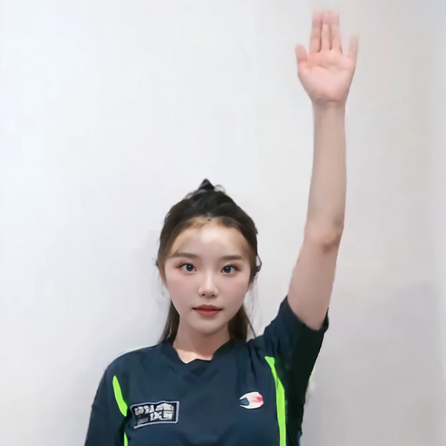 arafed woman in a blue shirt holding her hand up, hands up, with arms up, 165 cm tall, 155 cm tall, jiyun chae, shin min jeong, gongbi, taejune kim, lee ji - eun, lee ji-eun, t pose, dilraba dilmurat