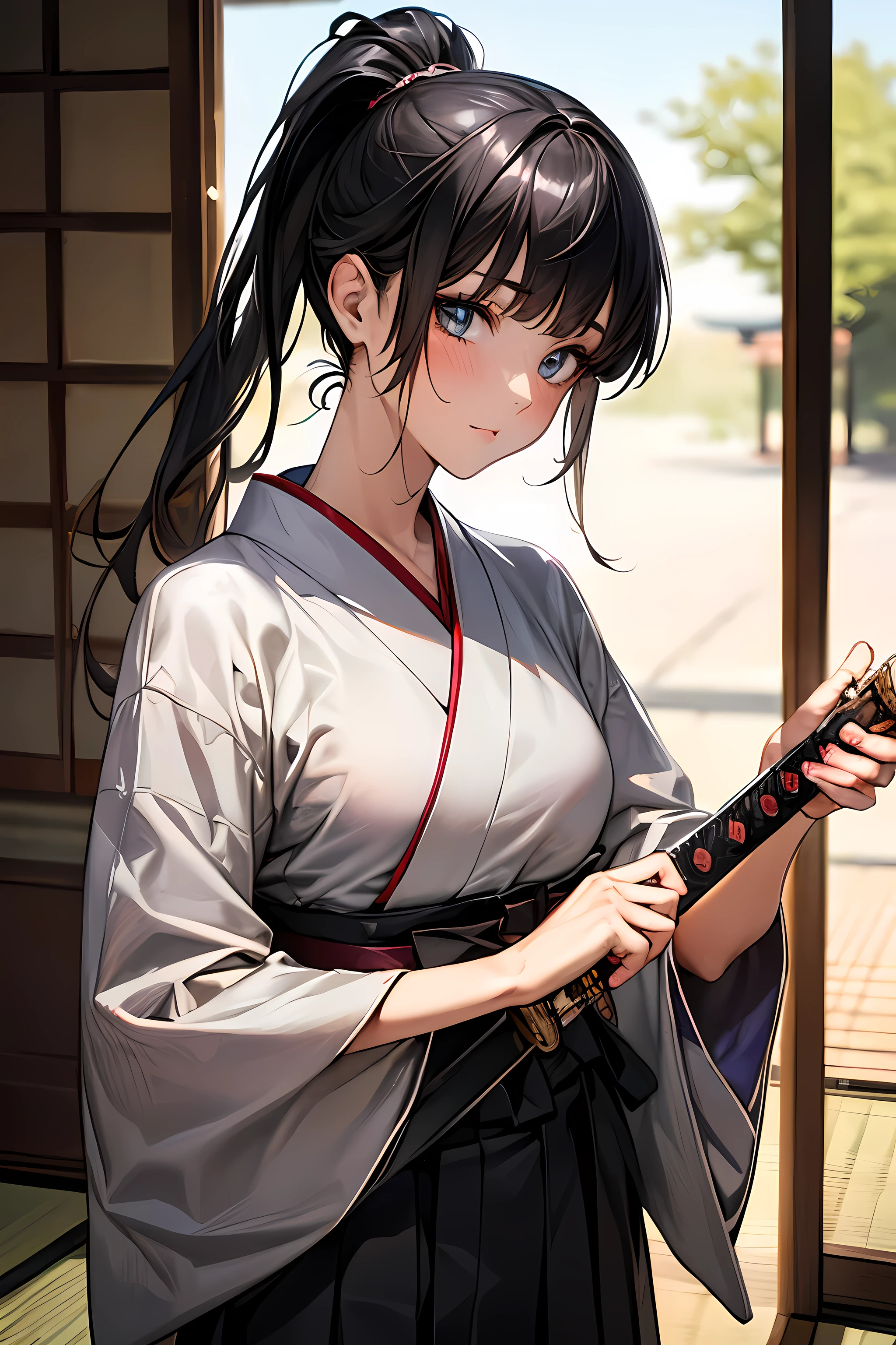 ((perfect anatomy:1.2,realistic:1.4,RAW Photography:1.4,masterpiece、highest quality、Ultra - High resolution、High resolution、Highly detailed CG、8K))),cowboy shot,1 female,solo、18 year old beauty,Japanese,((beautiful detailed face and eyes:1.3,gorgeous eyes:1.3,gray eyes)),black hair,long hair,straight hair,ponytail hair,blunt bangs,blush,(medium breasts,slender body,small head:1.2,skinny),(gleaming skin:1.4,oily skin:1.5,shiny skin)、((holding a Japanese sword in one hand、A detailed depiction of a Japanese sword)),Slashing action pose:1.5、Kendo uniform、kimono、Black Hakama、shrine、Domestic、Tokyo、
