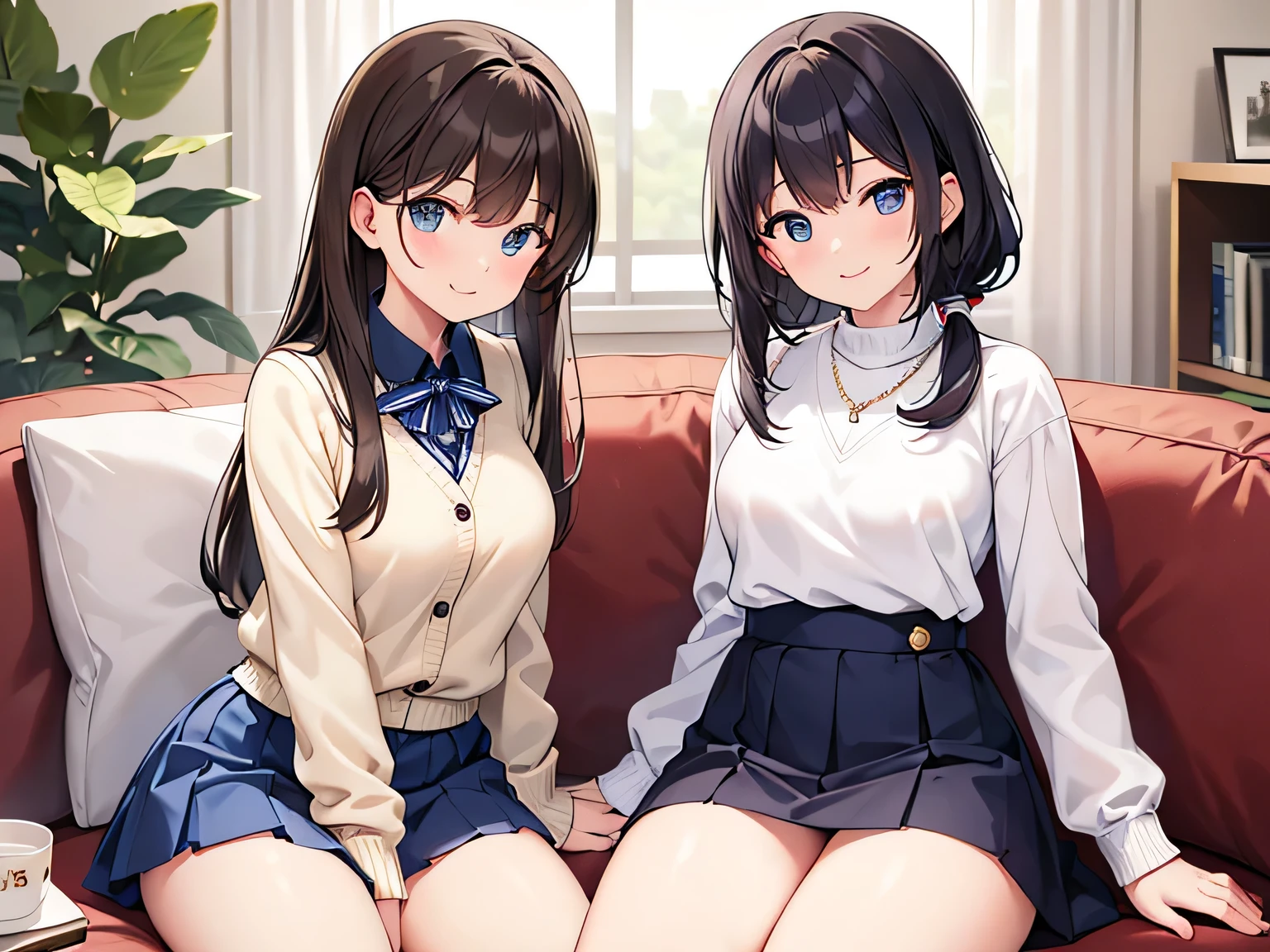 (Masterpiece, top quality, high resolution, realistic photo, realistic looking skin:1.1),
(Two women are sitting on a sofa in an apartment living room:1.8),
(The women have provocative, grinning, smiling expressions:1.5),
(Their skirts are so short you can almost see their panties:1.5),
(The first woman is 23 years old, mature looking, dressed in a white long-sleeved v-neck knit and navy blue mini skirt, wearing white high socks, with medium brown hair:1.8),
(The second female is an 18-year-old high school student wearing a high  blazer and mini-skirt attire with navy blue high socks and black hair in a medium ponytail:1.8),
(Located on a sofa in the living room of an apartment:1.5),
Full-bodied esbian, beautiful eyes, glowing eyes, glowing thighs, NSFW.