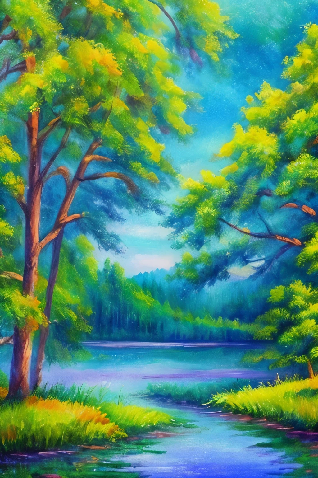 Generate a vibrant, impressionistic watercolor backdrop depicting serene lakes and lush trees, inspired by the distinctive style of Claude Monet.