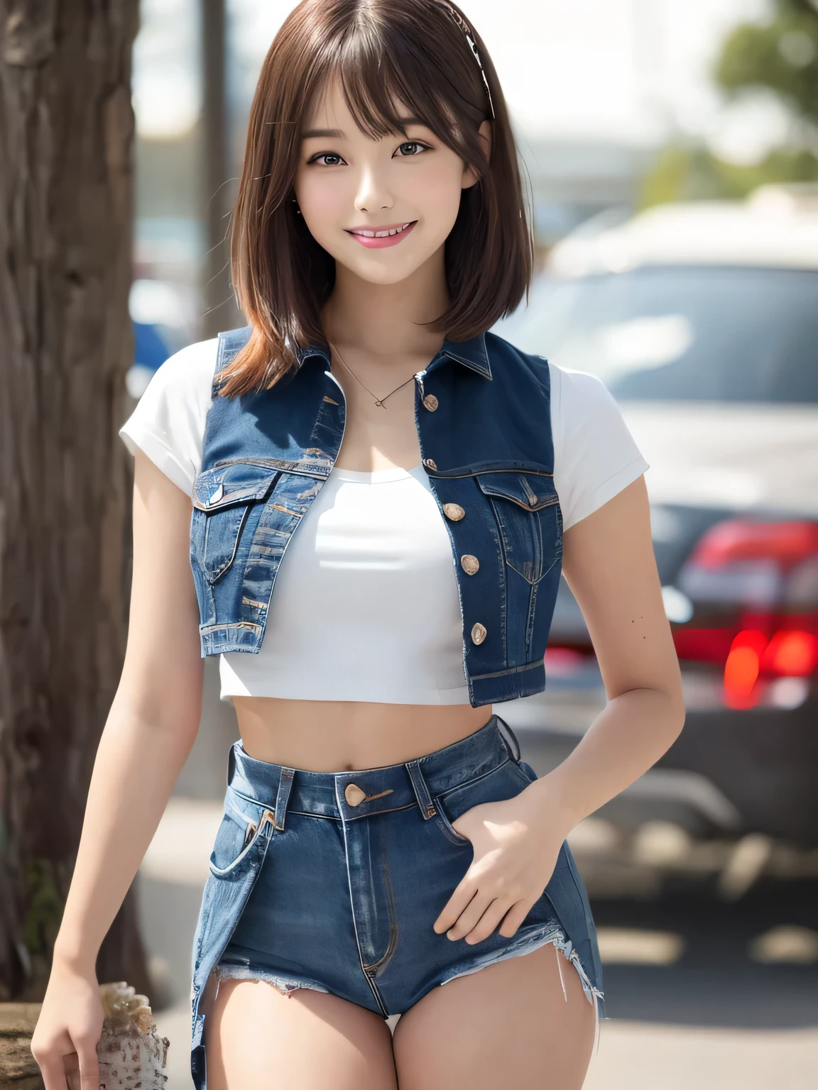 (sfw:1.5)、(((1 female)))、masterpiece, RAW Photos, highest quality, reality、Depth of written boundary, Lens flare, (Low cut and tight )、(ultra short distance,Denim hot pants)),((Long legs)), (Thigh Gap:1.6),Small waist、(Wide Hips),(Big Ass),pretty girl, Idol,(Big smile:1.3),Small waist、(Big Ass:1.6),(White crop top:1.5)、Brightly colored vest, short hair, Redhead, reality, photo shoot,(Exquisite detail), Very detailed, High resolution, original, highest quality, Detailed face, (Very beautiful face, Beautiful Lips, Beautiful big eyes、Droopy eyes), A face with intricate details, (Plump red lips),(Thigh Gap:1.5),Small waist、(Wide Hips) 、short hair, Black Hair、Twin tails,Open chest, Turn around, (((Buckshot)))