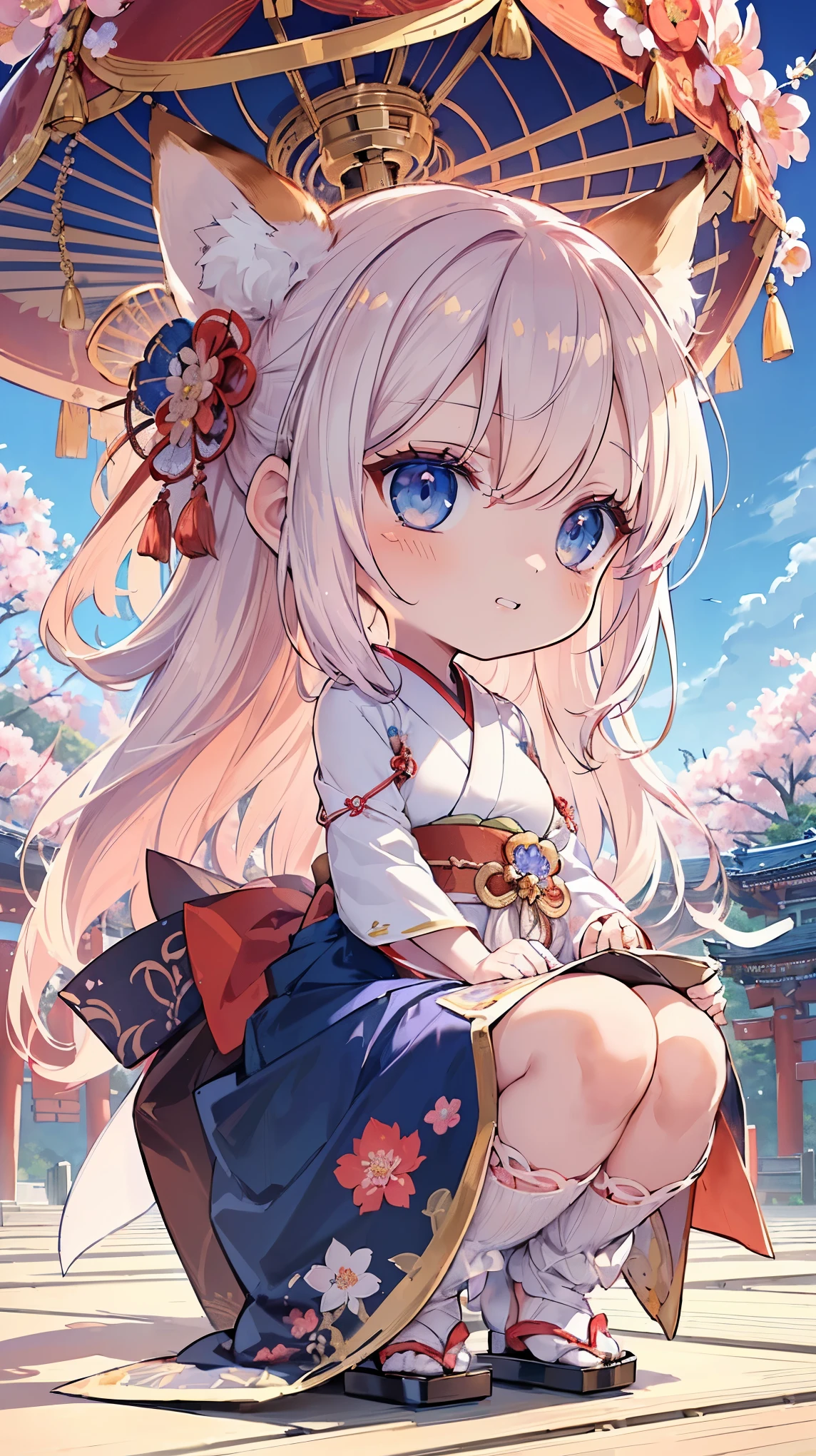 (((Masterpiece))), (((Highest quality))), ((Ultra-detailed)), ((Super fine illustration)), ((Ultra-fine painting)), (16K highest quality wallpaper:1.4), (Chibi:2.0), (Full body:1.6), HDR, (Highly detailed and delicate illustration style:1.8), Detailed skin texture, Detailed cloth texture, Extreme detailed description, (T-masterpiece), (Highly detailed face:1.2), (Highly detailed fox ears:1.2), (Highly detailed shiny golden brown half updo:1.2), (Highly detailed clear blue eyes:1.2), Original, RAW photo, Professional, Intricate details, Super details, Direct light:1.6, (Perfect anatomy:1.4), (Highly detailed hands:1.2), (Highly detailed fingers:1.2), (Highly detailed fingertips:1.2), (27-years-old), Real, (Solo:1.8), ((A very beautiful and attractive fox fashion model with blue eyes wearing a bright red furisode with a floral pattern:1.4)) BRAKE (Beautiful and adorable fox ears:1.6), (Highly detailed and delicate fox ears:1.4), (Beautiful and well-shaped big breasts:1.2), (Beautiful and well-shaped buttocks), (Beautiful and shiny golden brown half updo:1.4), (Highly detailed and delicate golden brown half updo:1.2), (Beautiful clear blue eyes that shine with great detail:1.6), (Highly detailed and delicate blue eyes:1.2), (Highly detailed face:1.4), (Smile:1.5), (Blush:1.4), (Looking at viewer:1.4), (Celebration:1.4) BRAKE (Bright red furisode with floral pattern:1.4), (Japanese traditional costume:1.2) BRAKE (Concept art:1.2), (Detailed fantasy art:1.2) BRAKE (Highly detailed and delicate Ise Grand Shrine in Mie Prefecture in the background just after noon in spring:1.6), (Celebration:1.4), Ise Grand Shrine:1.4, Torii gate of Ise Shrine:1.4, cherry blossoms:1.2, Very beautiful in the sunny sky background just after noon:1.4 BRAKE