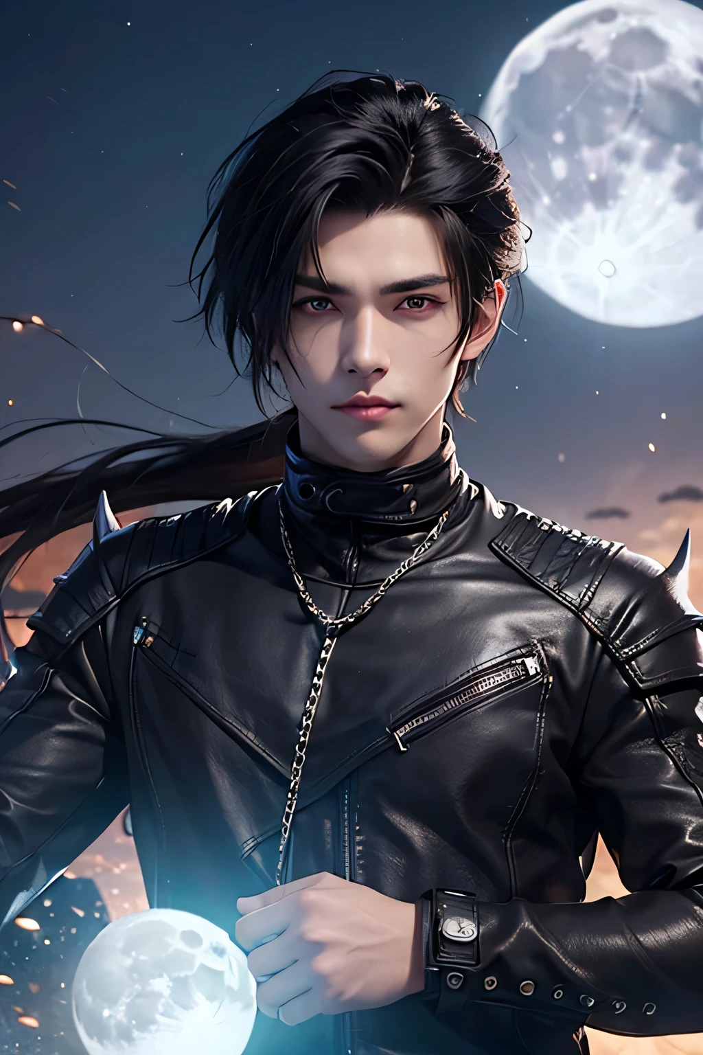(((ung man 21 years old))), anime character with short hair, small ponytail at neck, black hair, deserted background, ((large moon)), handsome man in demon slayer art, epic fantasy art style, badass anime 8k, epic fantasy digital art style, detailed digital anime art, human male demon, portrait of hades, epic fantasy art style hd, fierce expression 4k, perfect eyes, perfect skin, demon male, extremely detailed artgerm, wearing black leather jacket, black turtleneck shirt, black leather long pants, metal chain at waist, electrical sparks