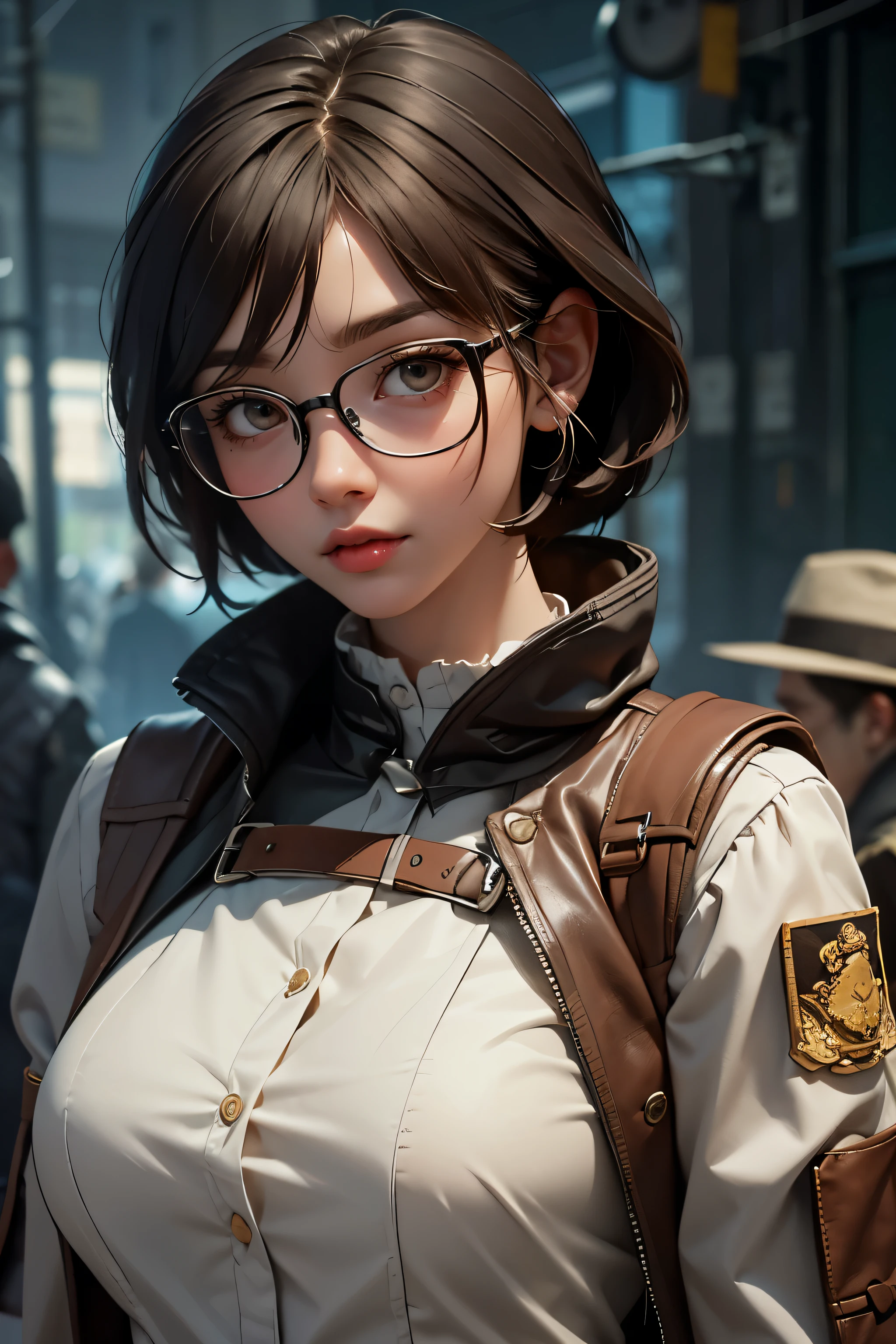 Wide angle, a pretty girl messenger, wearing large glasses, undercut hair, wearing postal uniform, in a post-apocalyptic world