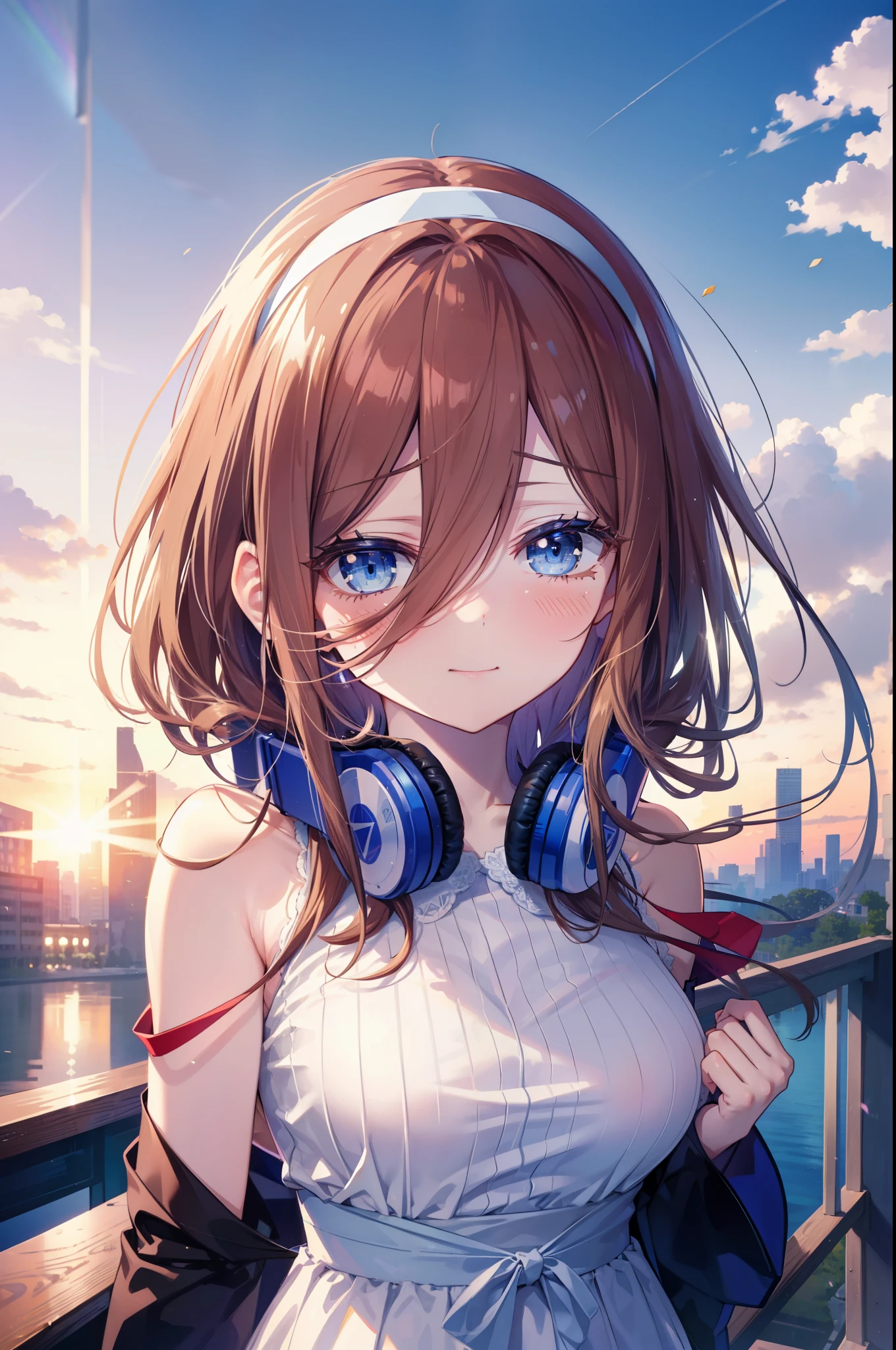 Miku Nakano, Miku Nakano, Long Hair, bangs, blue eyes, Brown Hair, Blue Hairband ,Hair between the eyes, Headphones around the neck,smile,blush,White Sleeveless Dress,Exposing shoulders,Bare arms,Long skirt,Cute Sandals,Daytime,sunny,happy smile, smile, Open your mouth,whole bodyがイラストに入るように,Looking down from above,rainbow,walking,
break outdoors, In town,ビル街
break looking at viewer,whole body,  
break (masterpiece:1.2), highest quality, High resolution, unity 8k wallpaper, (shape:0.8), (Beautiful details:1.6), Highly detailed face, Perfect lighting, Extremely detailed CG, (Perfect hands, Perfect Anatomy),