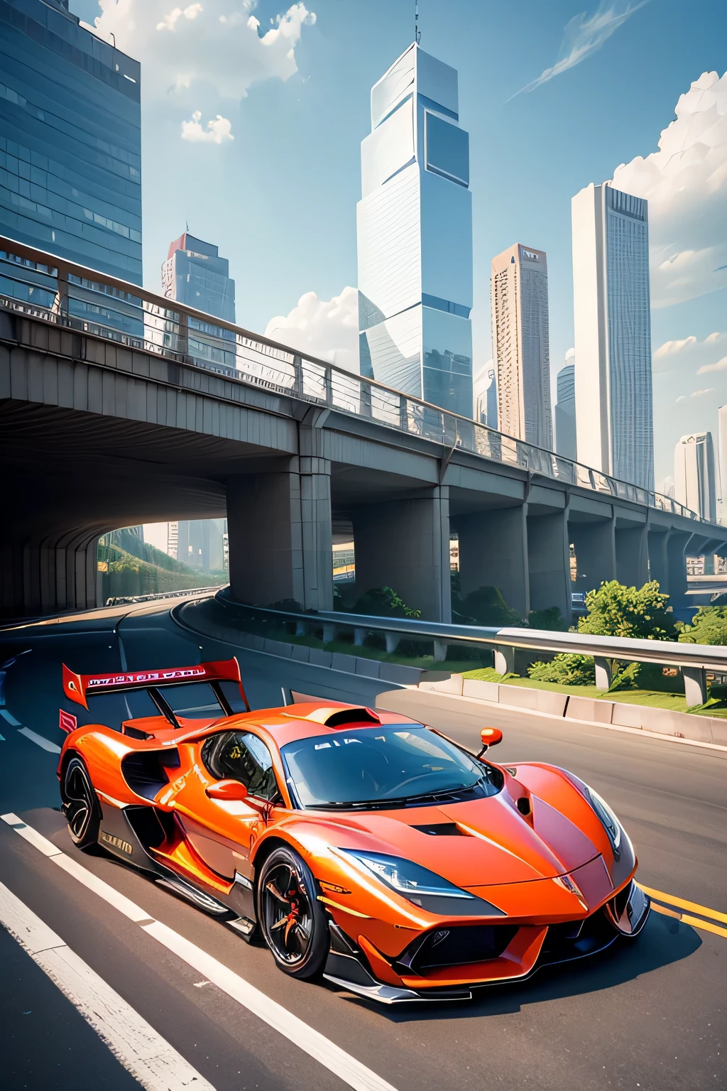 Super bright and modern metallic-vermillion racing car is running on the expressway,
City of high transportation technology complex, skyscrapers , and towers,
Good green environmental atmosphere,
Morning sunlight with blue sky and white cloud