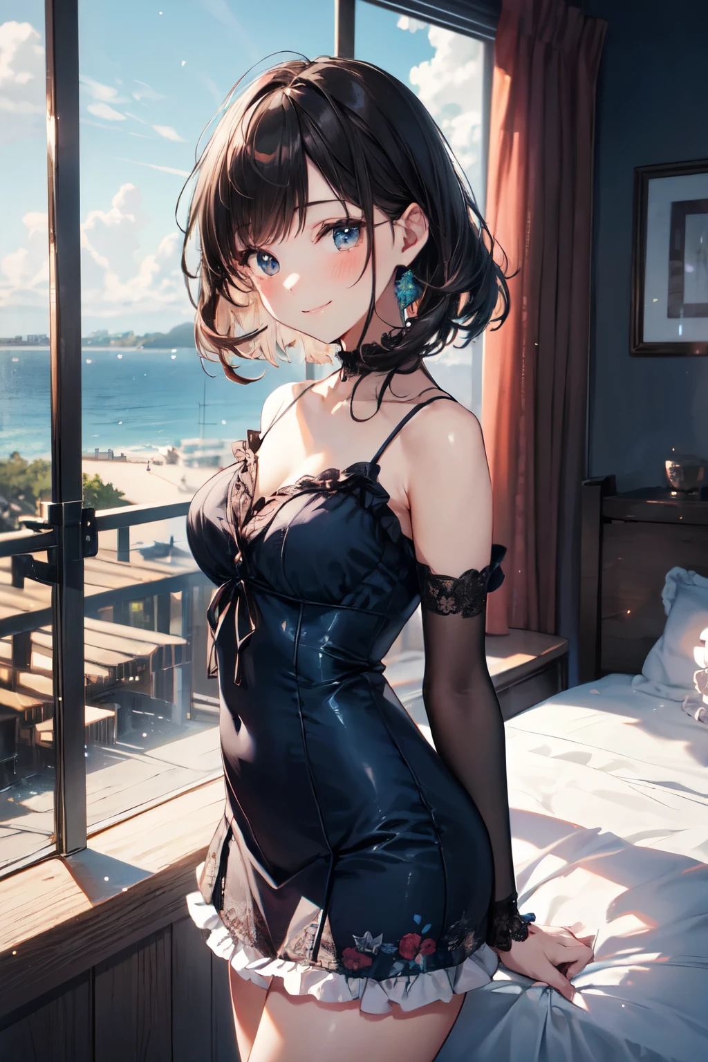 very cute and beautiful girl standing near window, (floral blue summer dress with detailed frills),sleeveless,detailed lace,(skirt lift,white panties), (highly detailed beautiful face),antique hotel bedroom with outside view,distant trees and ocean, cowboy shot,(smile),blush,looking at viewer,medium hair,black hair, (best quality,masterpiece:1.0),absurdres,highres,ultra-detailed,extremely detailed,32k,8k resolution, intricate details,cinematic scene,detailed background,solo,dynamic angle, natural lighting,light particles,beautiful detailed sky,realistic,