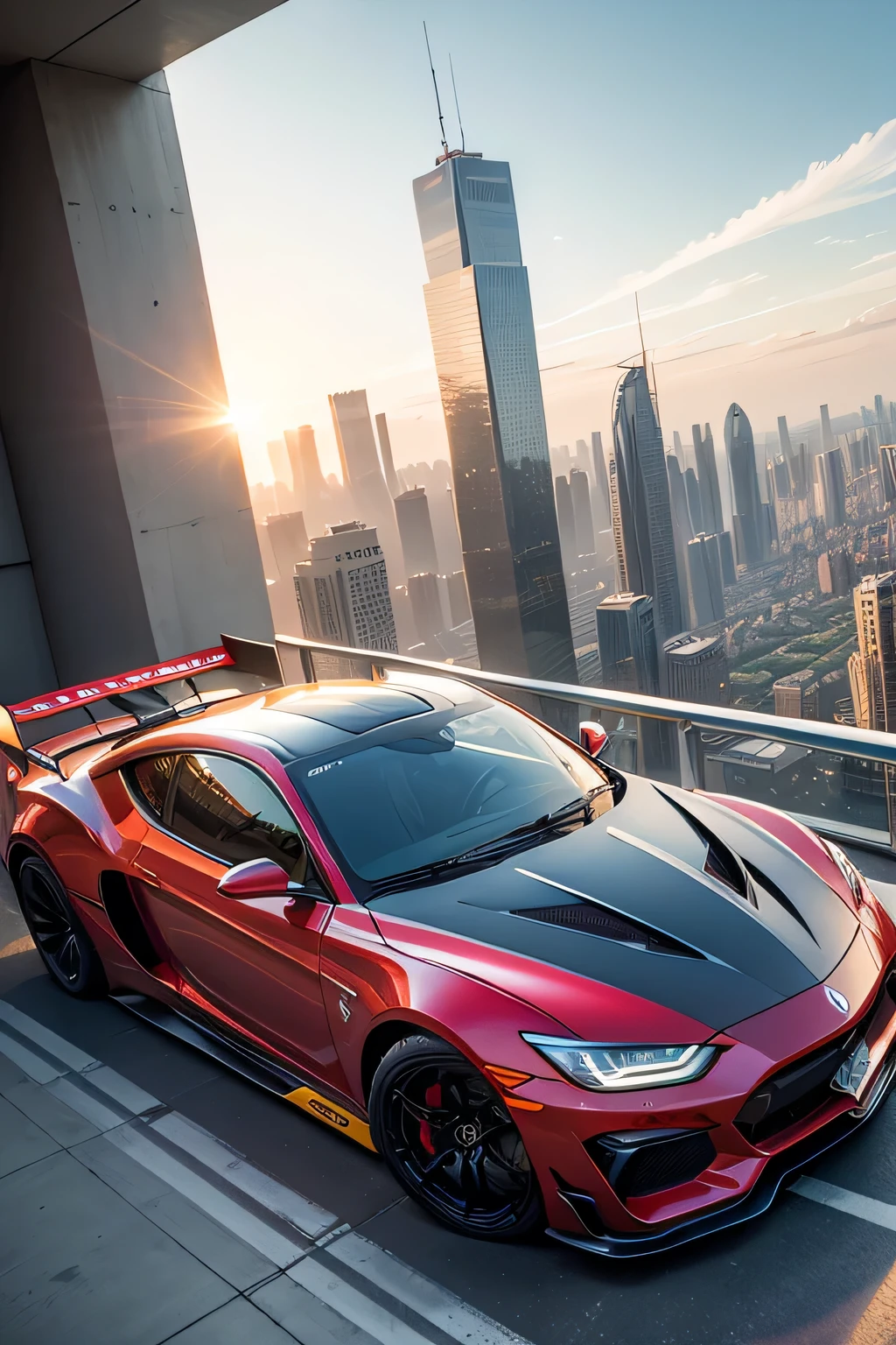 Super bright and modern metallic-vermillion racing car is running on the expressway,
City of high transportation technology complex, skyscrapers , and towers,
Good green environmental atmosphere,
Morning sunlight with blue sky and white cloud