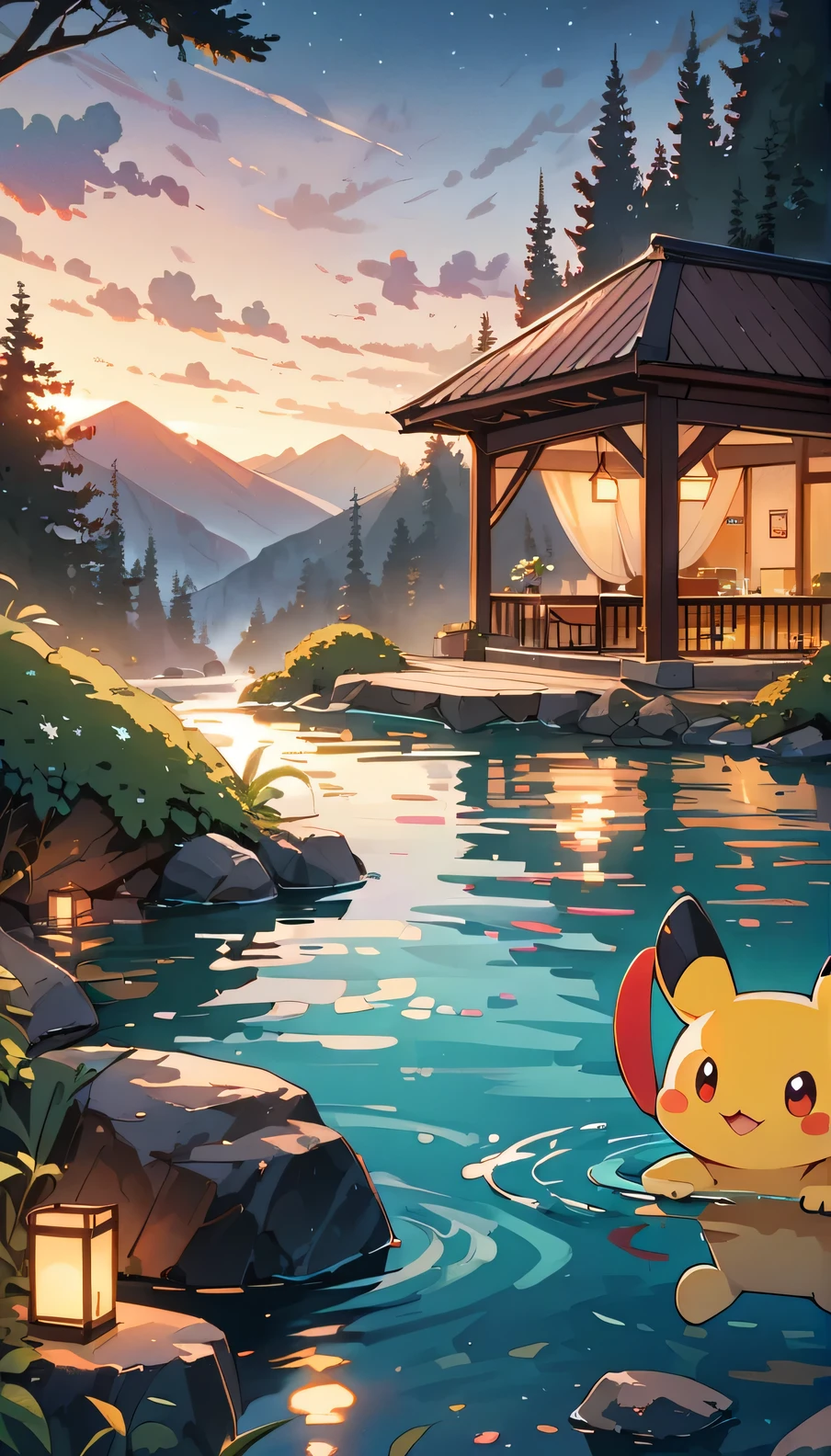 ((Hot springs with pokemon))、2 flying pokemon:1.2、Ambiente aconchegante、Vapor ascendente、Lush vegetation、Banho relaxante、Cores calmas、Ripples on a calm water surface、Atmosfera calma, tranquilidade、A slight mist in the air、A feeling of harmony and serenity、Um delicioso encontro com a natureza、A relaxing experience、Um momento de fuga feliz。 (mais alta qualidade、4k、8k、high resolution、obra-prima: 1.2)、Super detalhado、(Chibi: 1.37)、Cores brilhantes、Bokeh。