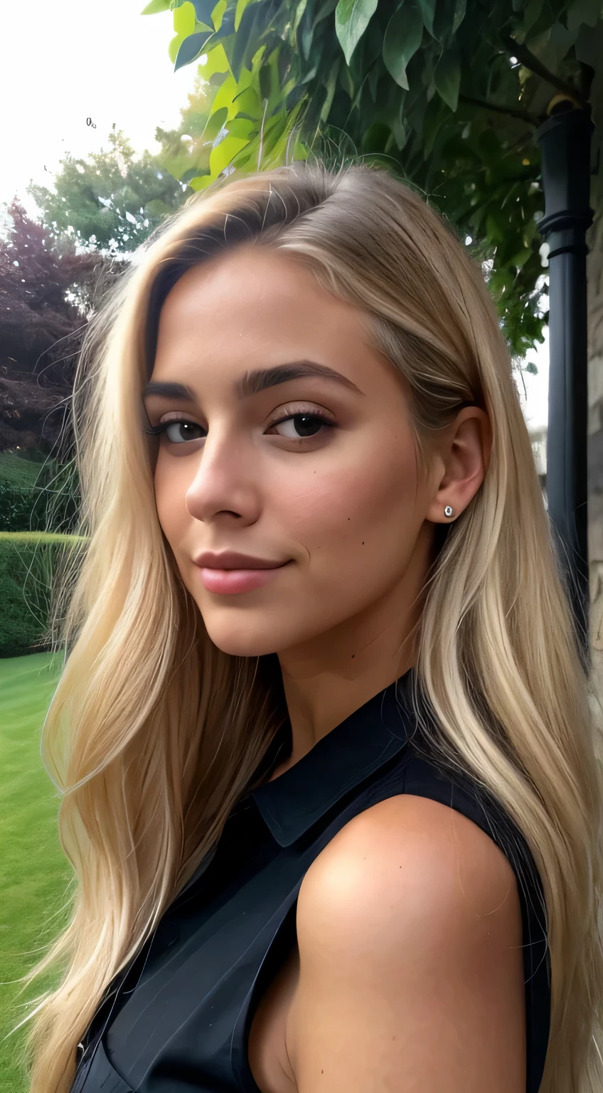 A 23-year-old blonde woman, ((pechos grandes)), ((hiperrealismo)) ,. blonde hair with light brown roots. cabello rubio, Hair with brown roots, cabello extra largo, cabello muy largo, really long hair, Beautiful, Front view, selfie, photo taken with iPhone, elegant black shirt with escote, escotada, selfie in the garden, high quality, selfie iPhone, cleavage