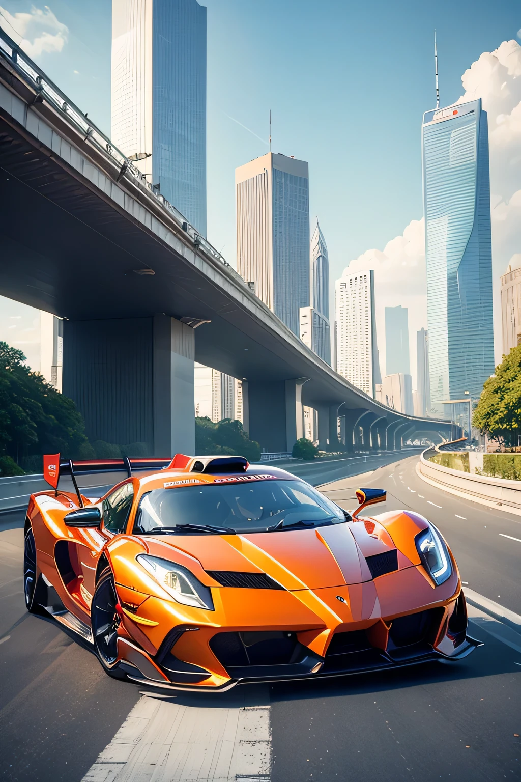 Super bright and modern metallic-vermillion racing car is running on the expressway,
City of high transportation technology complex, skyscrapers , and towers,
Good green environmental atmosphere,
Morning sunlight with blue sky and white cloud