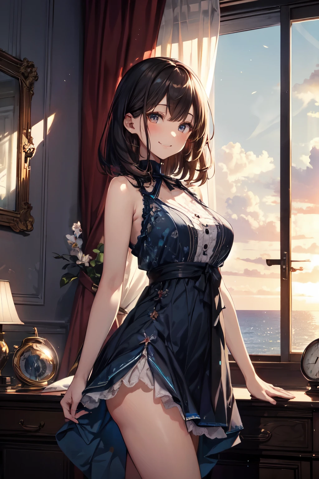 very cute and beautiful girl standing near window, (floral blue summer dress with detailed frills),sleeveless,detailed lace,(skirt lift,white panties), (highly detailed beautiful face),antique hotel bedroom with outside view,distant trees and ocean, cowboy shot,(smile),blush,looking at viewer,medium hair,black hair, (best quality,masterpiece:1.0),absurdres,highres,ultra-detailed,extremely detailed,32k,8k resolution, intricate details,cinematic scene,detailed background,solo,dynamic angle, natural lighting,light particles,beautiful detailed sky,realistic,