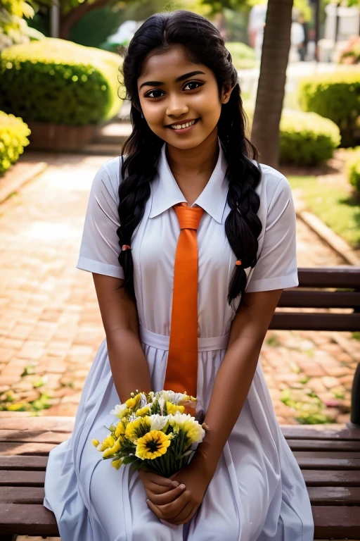 A beautiful teenage Asian girl wearing a white  frock and an orange colour tie sitting on a bench holding a bunch of flowers from both of her hands looking at the viwer with a nice smile. Attractive feminine form. DSLR quality realistic image. background bokeh.