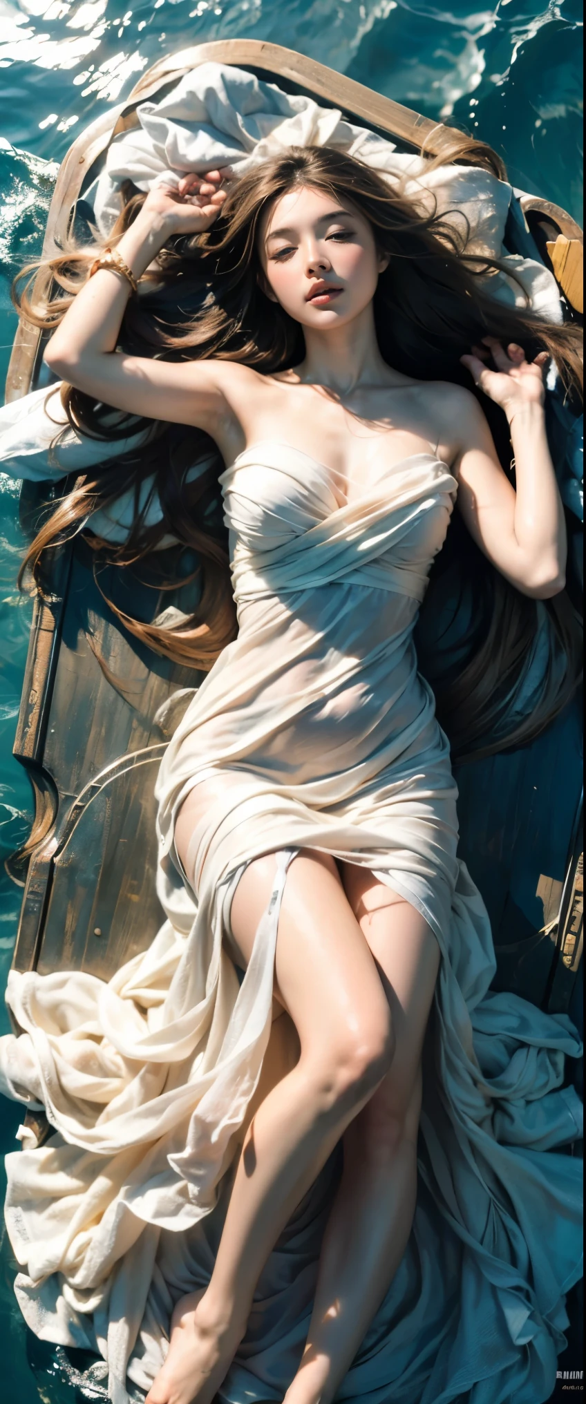((masterpiece, highest quality, Highest image quality, High resolution, photorealistic, Raw photo, 8K)), ((Extremely detailed CG unified 8k wallpaper)), Floating woman, In the middle of the ocean, a person in distress sleeping on a raft, eyes closed, a woman in a white dress, floating in the sea, seen from above, wet body, wet hair, drifting in the waves,