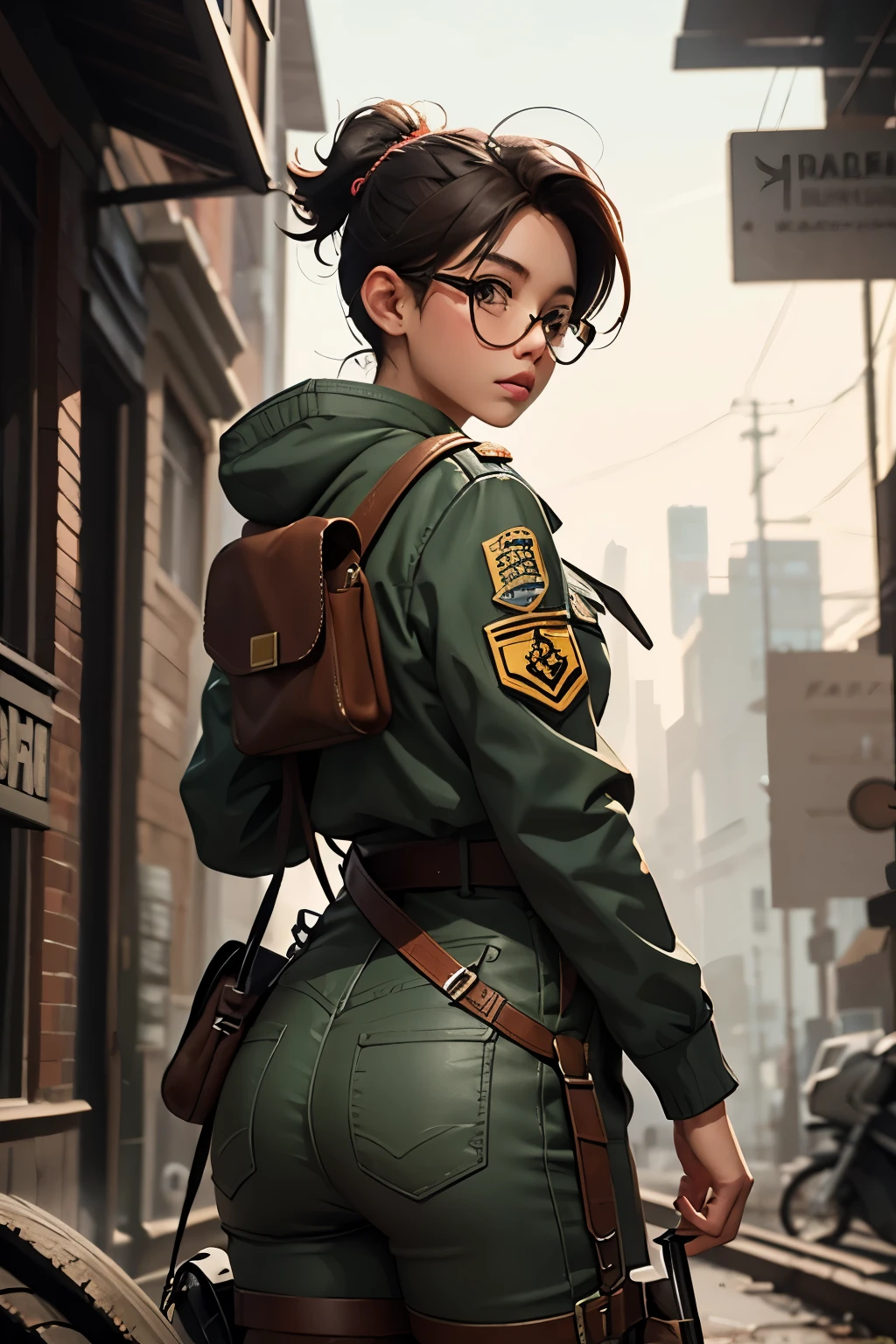 Wide angle, view from behind, a pretty girl messenger, wearing large glasses, undercut hair, wearing postal uniform, in a post-apocalyptic world