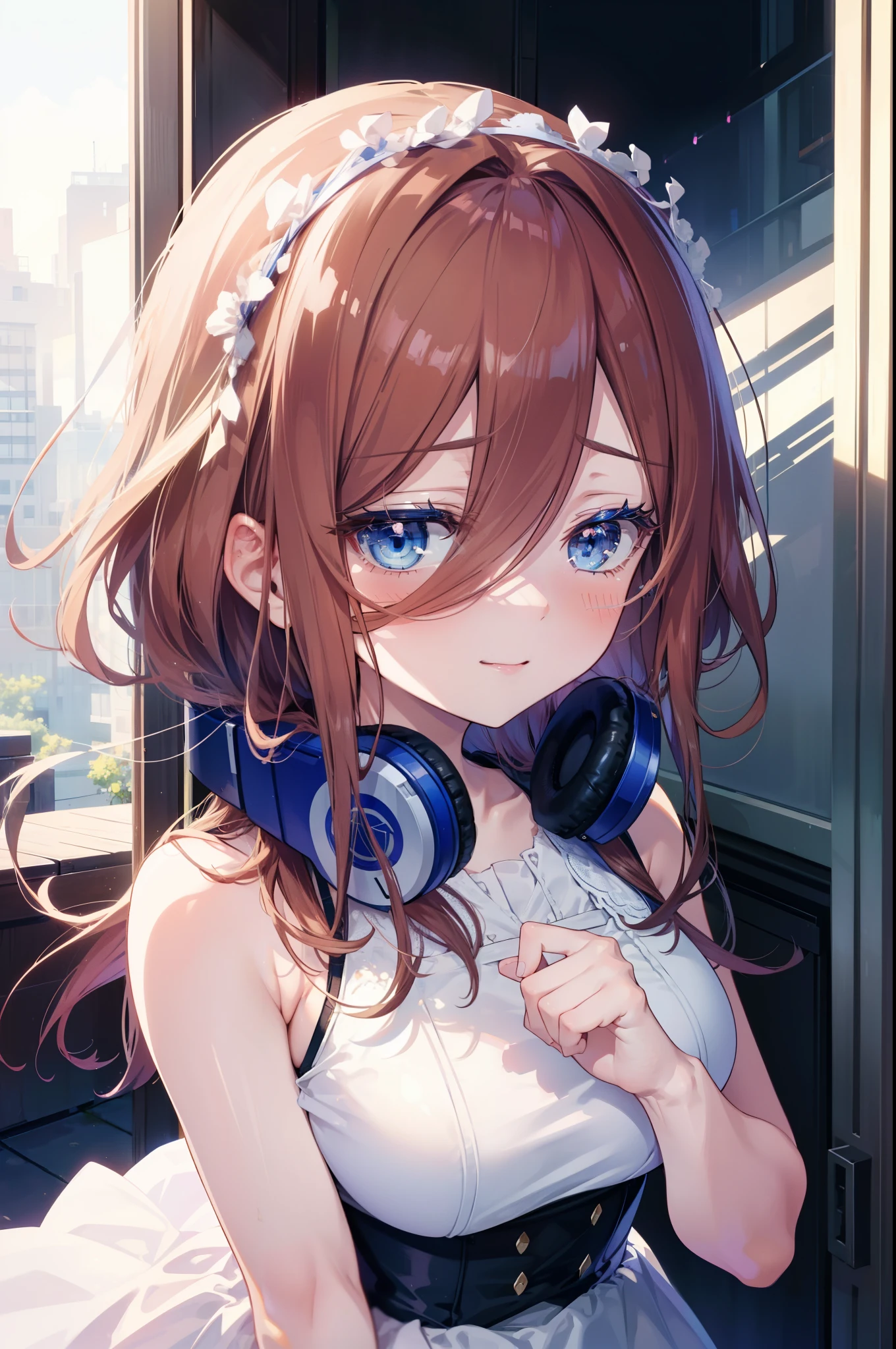 Miku Nakano, Miku Nakano, Long Hair, bangs, blue eyes, Brown Hair, Blue Hairband ,Hair between the eyes, Headphones around the neck,smile,blush,White Sleeveless Dress,Exposing shoulders,Bare arms,Long skirt,Cute Sandals,Daytime,sunny,happy smile, smile, Open your mouth,whole bodyがイラストに入るように,Looking up from bottom to top,rainbow,walking,
break outdoors, In town,ビル街
break looking at viewer,whole body,
break (masterpiece:1.2), highest quality, High resolution, unity 8k wallpaper, (shape:0.8), (Beautiful details:1.6), Highly detailed face, Perfect lighting, Extremely detailed CG, (Perfect hands, Perfect Anatomy),
