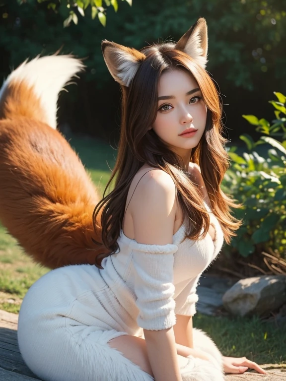 ((Highest quality, 32k)), ((masterpiece)), (Familiar), Perfect Face, Fox Girl, Pretty girl, Outdoor, model, Has one tail, She has a northern fox tail, She stretches out her fluffy tail, Beautiful hip line, Thick thighs, fur collar, A large tail sticks out, Turn around on all fours, Waving his tail happily, She only has one tail