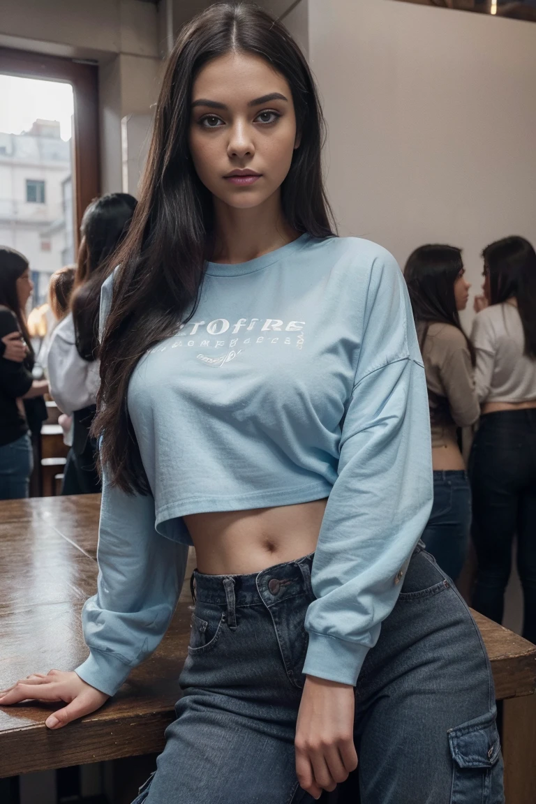 coffee cup, with huge sweatshirt ((MUST)), waiting for caffe, Kpop idol, RAW, analog, Nikon Z 85mm, ((best quality)) ((masterpiece)), intricate details, highly detailed, sharp focus, professional, photorealistic, post-processing, max detail, roughness, real life, ultra realistic, photorealism, photography, photography, SILHOUETTE light, (realistic, photo-realistic:1.37),Amazing, finely detail, masterpiece,best quality,official art, extremely detailed CG unity 8k wallpaper,perfect artwork,instagram influencer, baggy outfit, clothes, upper body, shiny hair, glowing blue eyes, lustrous skin, realistic,perfect female figure, mature female, narrow waist, looking at viewer, alluring,best quality ,masterpiece, illustration, an extremely delicate and beautiful, extremely detailed , Amazing, finely detail, masterpiece,best quality,official art,absurdres, incredibly absurdres, huge filesize, ultra-detailed, highres, extremely detailed,beautiful detailed girl, extremely detailed brow eyes and face, beautiful detailed blue eyes,light on face,cinematic lighting,see-through,looking at viewer, protruding, revealing buttocks,sfw:1.5,masterpiece, best quality, high quality, High definition, High quality texture, High quality shadow, high detail, beautiful detailed, finely detailed, extremely detailed cg, detailed texture, a realistic representation of the face, realistic, colorful, delicate, Cinematic Light, sidelighting, Lens Flare, Ray tracing, sharp focus, (intricate details, makeup, (detailed beautiful delicate face, detailed beautiful delicate blue eyes, a face of perfect proportion, high detailed skin, detailed skin, best ratio four finger and one thumb, wide hips, smooth midriff, skiny and thin, solo ,(young), face highlight, upper body, detailed face, tear mole, white skin, long black hair((all hair)), long hair, big dark blue eyes, laying on the bar, waiting for coffee, full street style outfit, black cargo jeans, oversized t-shirt, nike air force 1 sneakers.