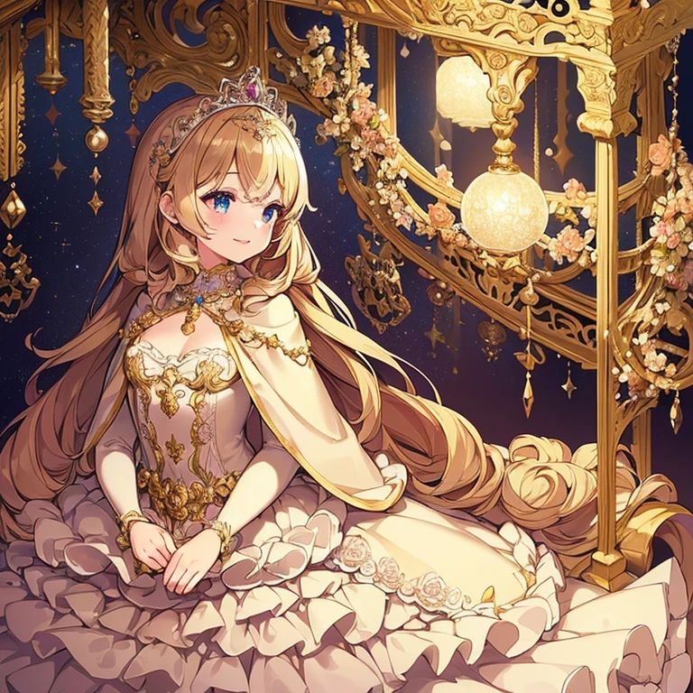 (kawaii),(best quality),(ultra detailed),(rococo style),(long train beige cape:1.15), very long cape,(long train beige ball gown with flower decorations), a girl is wearing a cape over her gown, 1 little princess, tiara with blue jewelry, smile, very long hair, small breasts, beautiful detailed eyes, beautiful detailed lips