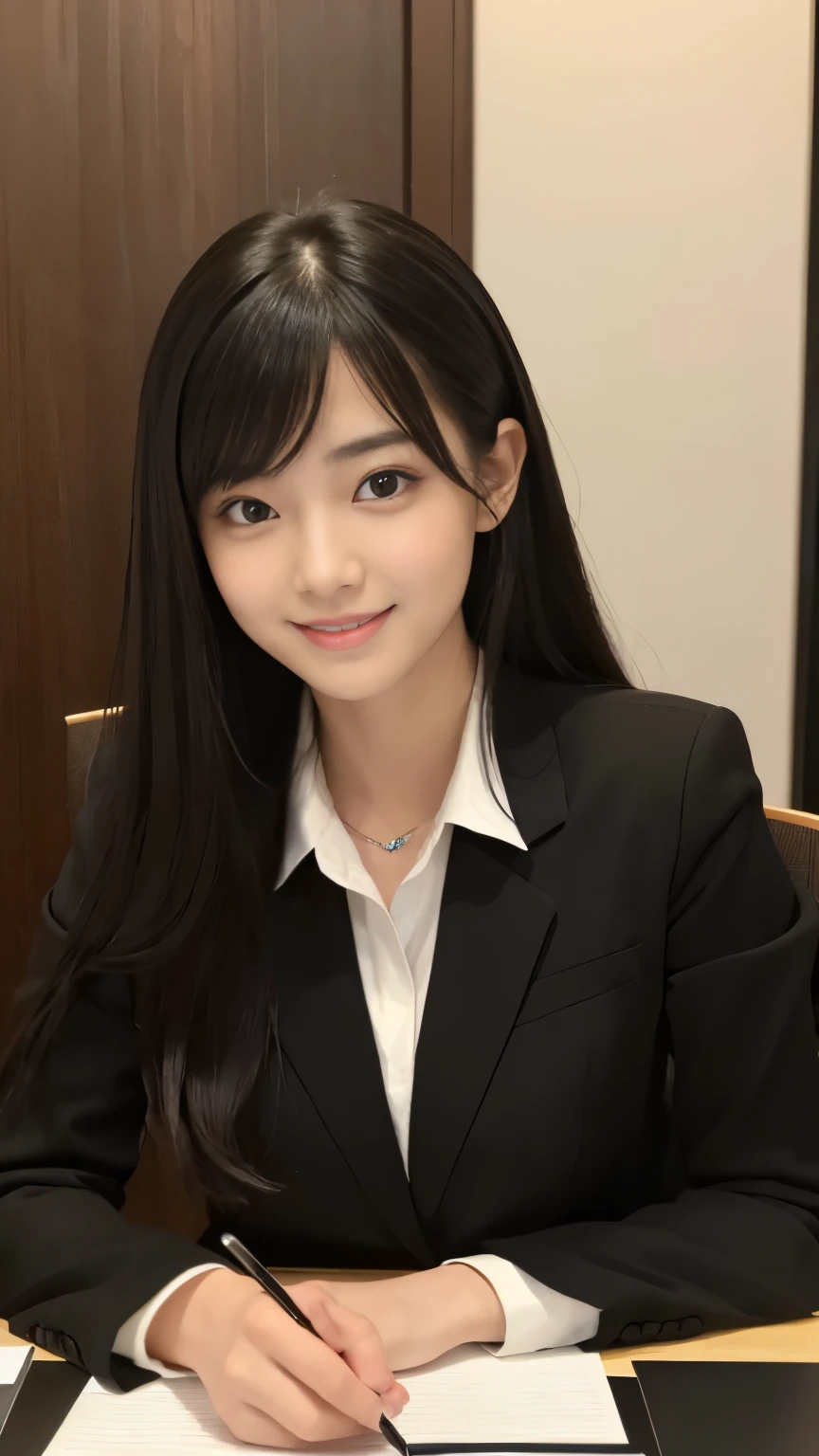 Best-quality, Masterpiece, Ultra-High-Resolution, (Photorealistic:1.4), Raw-Photo, 1girl, 18-years-old, the most famous Japanese idol, at meeting-room, sitting on luxurious-chair, wearing extremely luxurious business-suit, ((extremely cute face like the most popular Japanese actress, ((extremely cute big-black-eyes)), extremely beautiful hair, extremely cute lips, extremely beautiful skins)), perfect proportion, innocent-smile, detailed meeting-room, detailed luxurious-chair, detailed extremely-luxurious-business-suit
