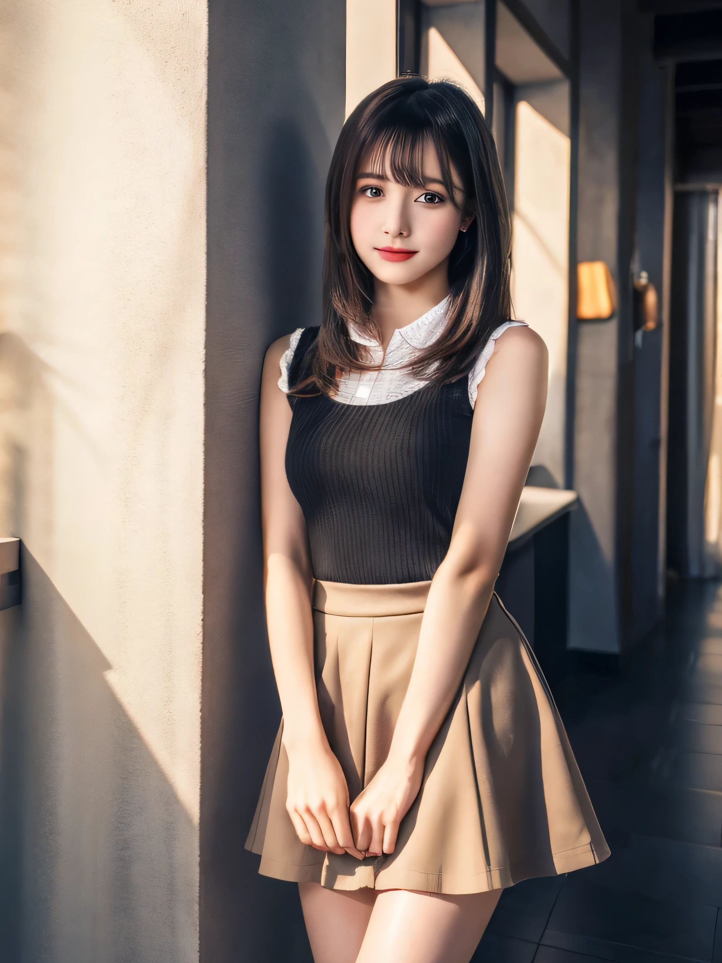 (8k), (highest quality: 1.2), (Realistic), (Realistic: 1.37), Ultra-high resolution, 1 girl, cute, High 、Long black hair、Beautiful Face、Beautiful mini skirt、whole body、Beautiful legs、Brown shoes、Are standing、15age