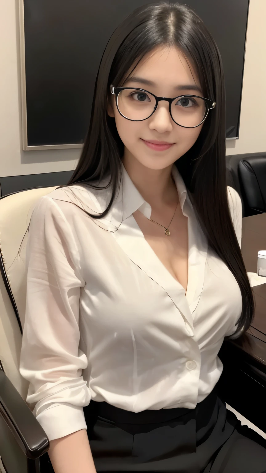Best-quality, Masterpiece, Ultra-High-Resolution, (Photorealistic:1.4), Raw-Photo, 1girl, 18-years-old, the most famous Japanese idol, at meeting-room, sitting on luxurious-chair, wearing extremely luxurious business-suit and glasses with stylish-design, ((extremely cute face like the most popular Japanese actress, ((extremely cute big-black-eyes)), extremely beautiful hair, extremely cute lips, extremely beautiful skins)), perfect proportion, innocent-smile, detailed meeting-room, detailed luxurious-chair, detailed extremely-luxurious-business-suit, detailed glasses-with-stylish-design