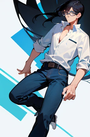 Manhwa A man with black hair and blue eyes, a cool face, has a six-pack, sits with his legs spread apart, wears a white shirt open chest and black jeans.