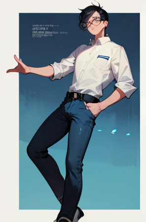 • a teacher male gender,
-description:
>Black hair,
>Blue eyes With glasses,
>1,80 cm tall,
>32years old,
-wearing:
>White shirt,
>blue jeans,
>Black shoes,
-image background:
>school building,
>in the background,