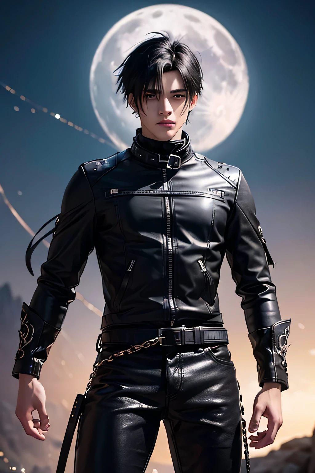 (((ung man 21 years old))), anime character with short hair, small ponytail at neck, black hair, deserted background, ((large moon)), handsome man in demon slayer art, epic fantasy art style, badass anime 8k, epic fantasy digital art style, detailed digital anime art, human male demon, portrait of hades, epic fantasy art style hd, fierce expression 4k, perfect eyes, perfect skin, demon male, extremely detailed artgerm, wearing black leather jacket, black turtleneck shirt, black leather long pants, metal chain at waist, electrical sparks