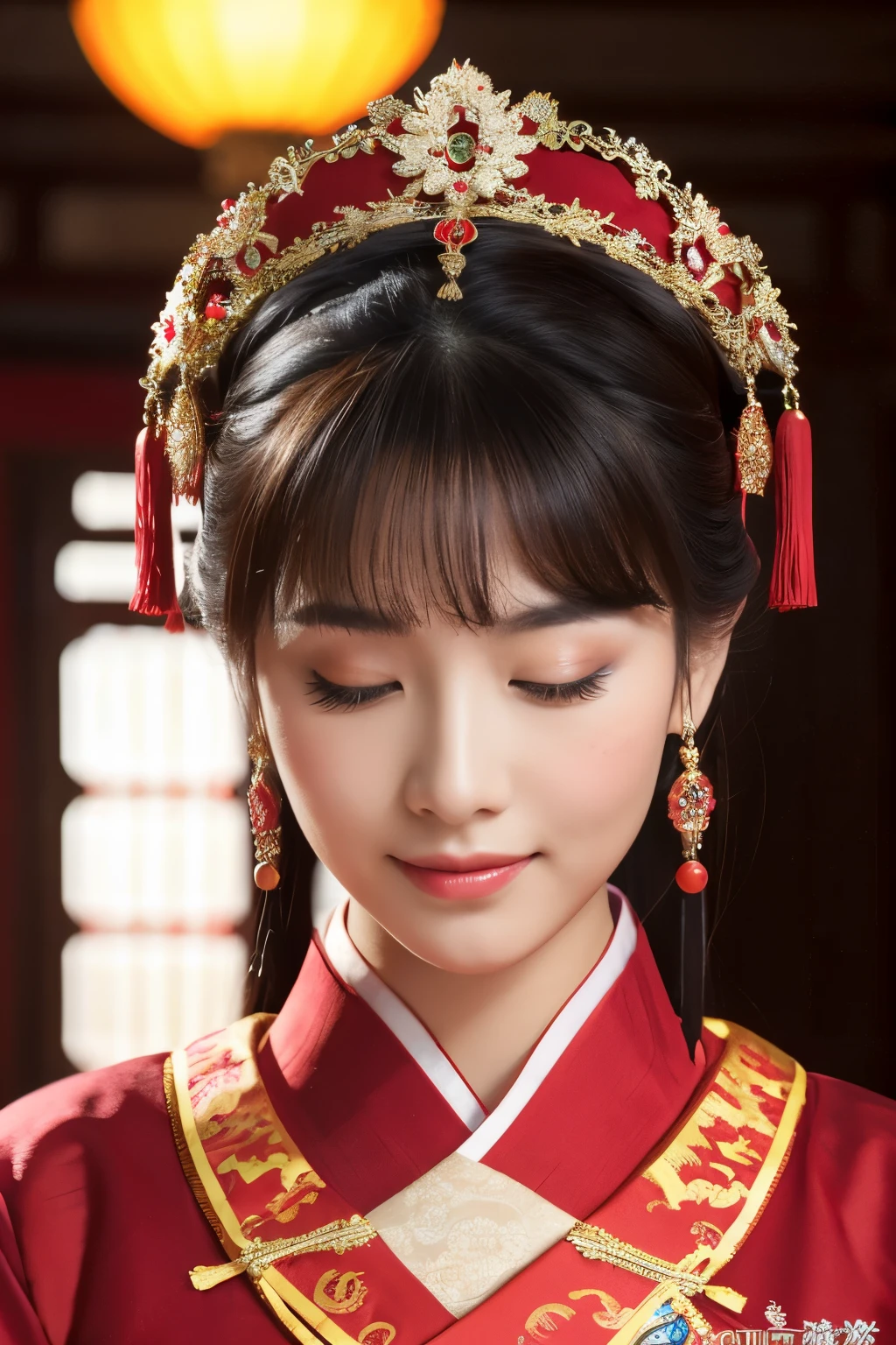 Close-up of a woman wearing a traditional Chinese headdress,palace,Girl in Hanfu,Ancient Chinese Princess,Wearing ancient Chinese costumes,Red Wedding Dress,China Princess,Ancient Chinese beauties,chinese traditional,Traditional Beauty,Chinese style,Chinese Girl,Hyper HD,Every detail was perfect,The photo is real,Ultimate image quality,Perfect character structure,Ultra Wide Shot,Dynamic Angle,Highest precision,8k resolution,Shades of Darkness,8K ,Ultra HD,8K HD-ar 9:16 to 1 , frontage,Eyes closed