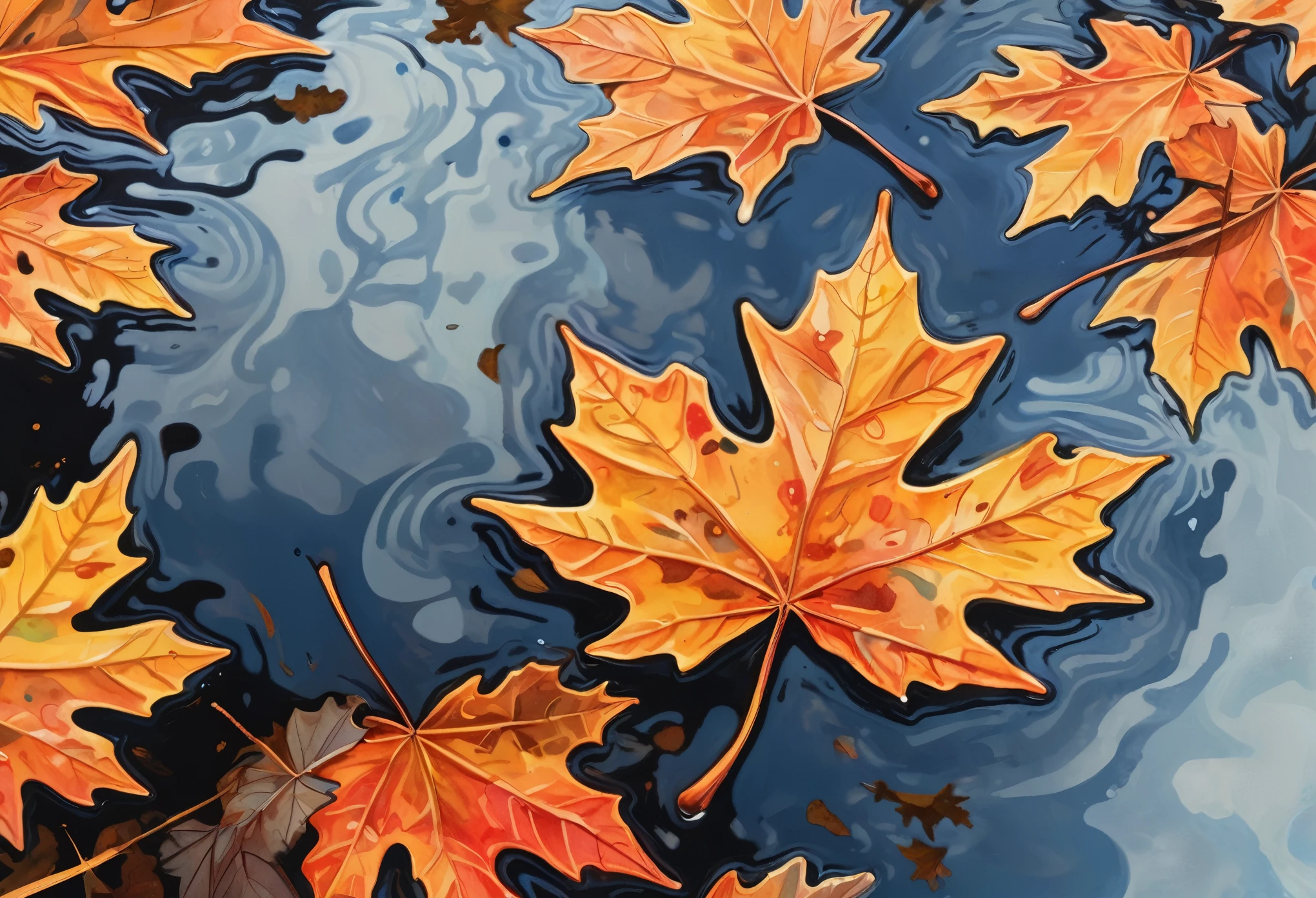 Ink illustration, realistic, extremely detailed, a close up of a fall sugar maple leaf floating on a reflective pond, vibrant color palette, asymmetrical fractals, sense of depth, ink stains, ink runs, ink splatters, ink spots