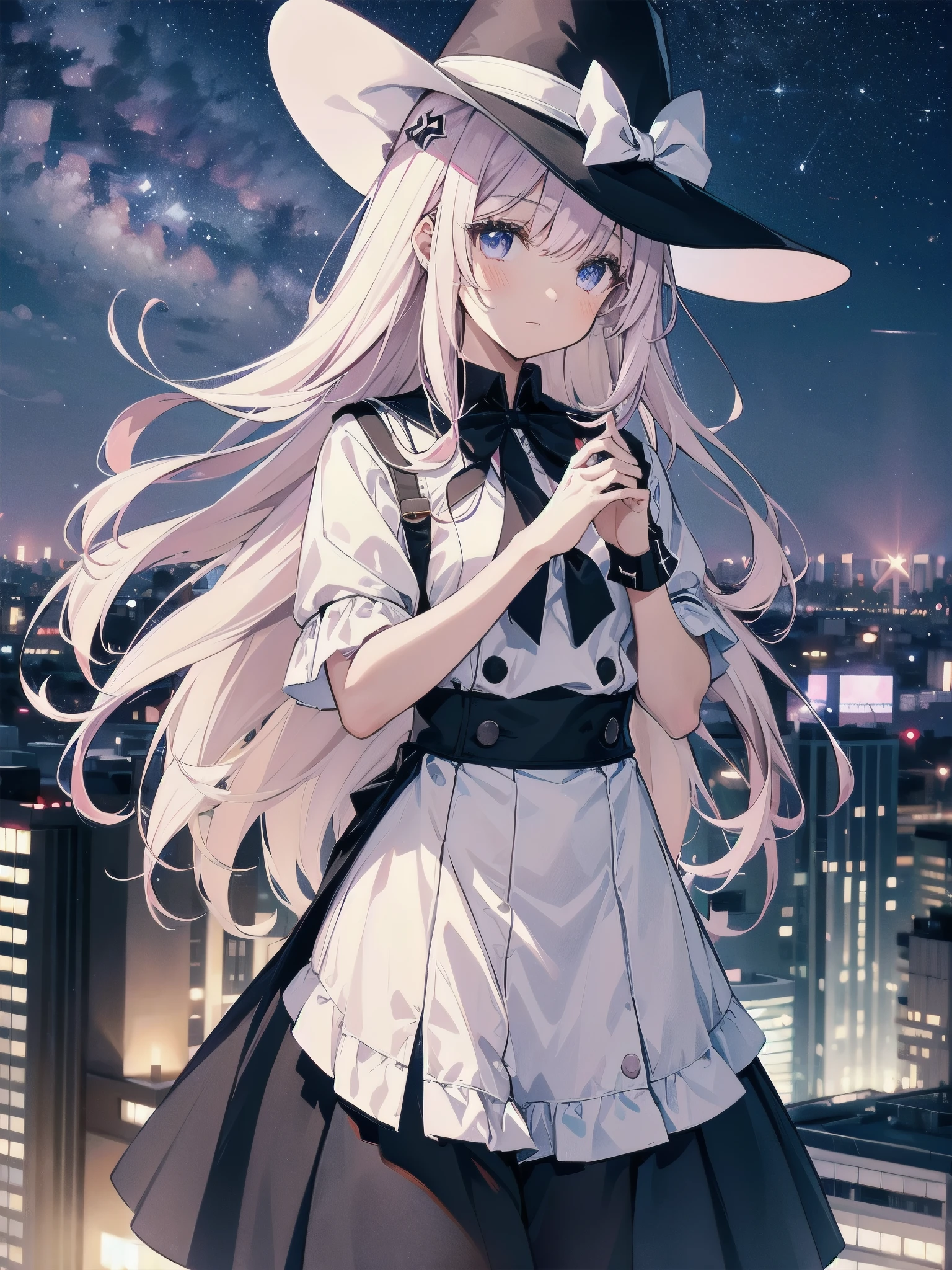 A girl stands on the rooftop of a high-rise building overlooking Tokyo late at night、A high school student wearing a white and black sailor uniform with a pale pink ribbon、She wears a large witch&#39;s hat with a small sapphire accessory、A few star creams、Beautiful starry sky、Beautiful night view、