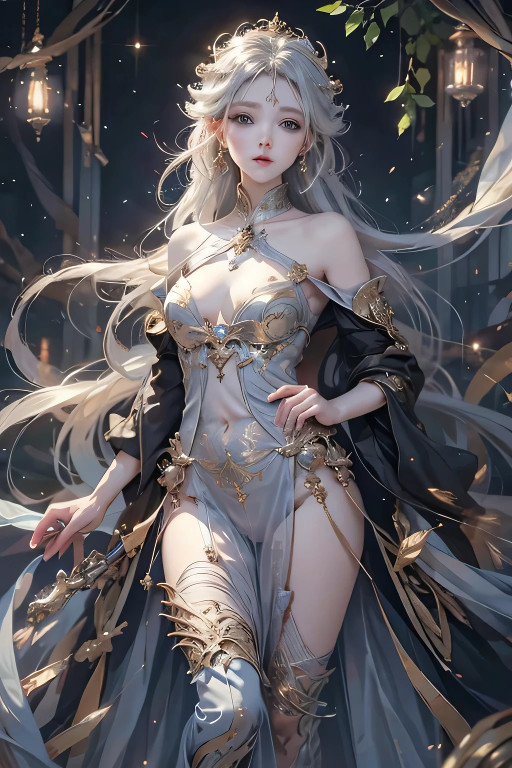 (((Full body view,1st from the bottom.3)))、Night scene,stella,（White Hair Girl:1.5）,（（masterpiece））、（detailed：1.4）、angle from above、（Backlight）(A fantastic atmosphere、Ancient Capital、Fantastic beauty images,One Woman、White Dust、Light Danceysterious atmosphere、Suspended particles), (Black Dress、long dress with sleeves、Shoulders exposed、Off the shoulder)、（Gray hair that changes with light、Long, lustrous white hair、white hair fluttering in the wind、Beautiful bangs:1.3）、（Beautiful white and shining skin、Cheek gloss highlight、Sexy and very beautiful and adorable face、The most beautiful face in the world、Big, sparkling blue eyes）、（A cute 25 year old girl、Ample breasts、Great cleavage small waist、delicate shoulders、Perfect figure）