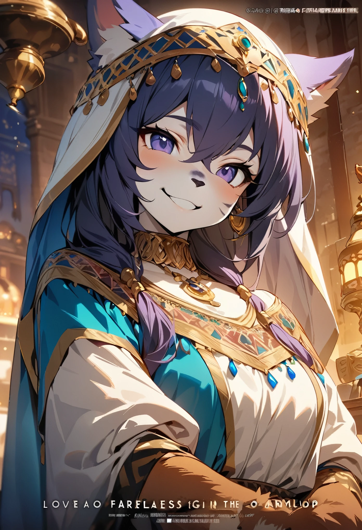 movie poster, highres, top quality, best quality, paid reward available, unparalleled masterpiece, perfect artwork, absurdres, High-quality illustrations, super high resolution, detailed background, perfect anatomy(1girl, 1boy, couple, kemono, furry anthro, fearless smile, Arab national costume, love romance)Aladdin and the magic lamp,