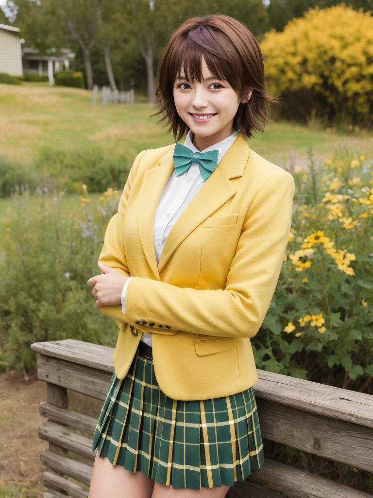 masterpiece, best quality, highres, aariko, short hair, brown eyes, , blue bowtie, blazer, yellow jacket, long sleeves, plaid skirt, green skirt, standing, cowboy shot, smile, outdoors