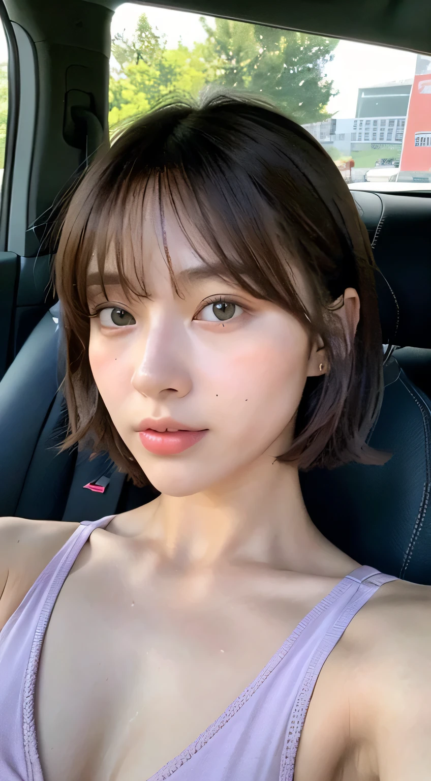 ((highest quality、8k、masterpiece:1.3))、Sharp focus:1.2、Beautiful woman with perfect body:1.4、((short hair、bangs、Small Tits:1.2))、(Colorful sheer bra) (Small beautiful hard nipples) 、(Inside the car while driving:1.2)、Sit in the passenger seat、Wet body:1.1、Highly detailed face and skin texture、 Detailed eyes、double eyelid、Sunburned skin、Sexy、Sunburn